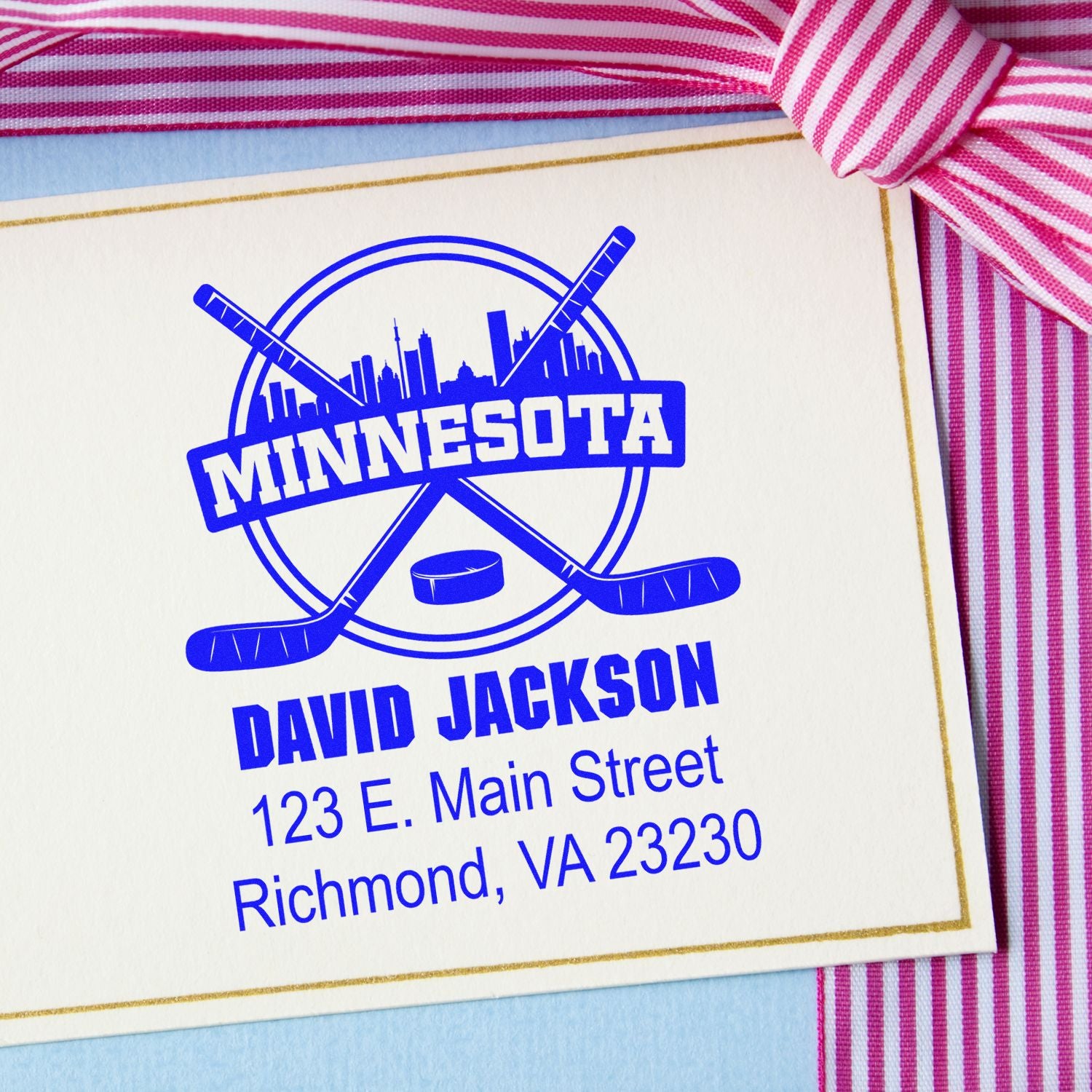 Custom Minnesota hockey return address rubber stamp with name and address for personalized stationery.