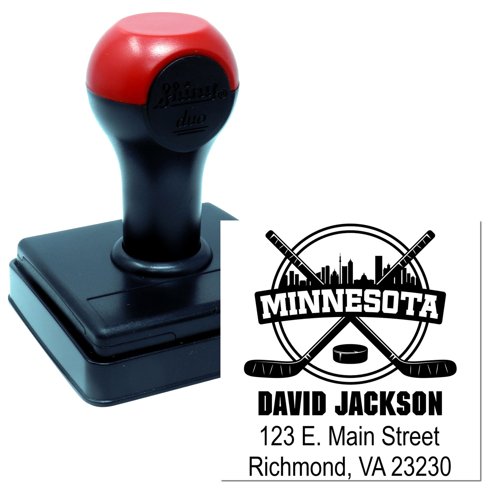Custom self-inking hockey rubber stamp with Minnesota design, name, and address for personalized branding.