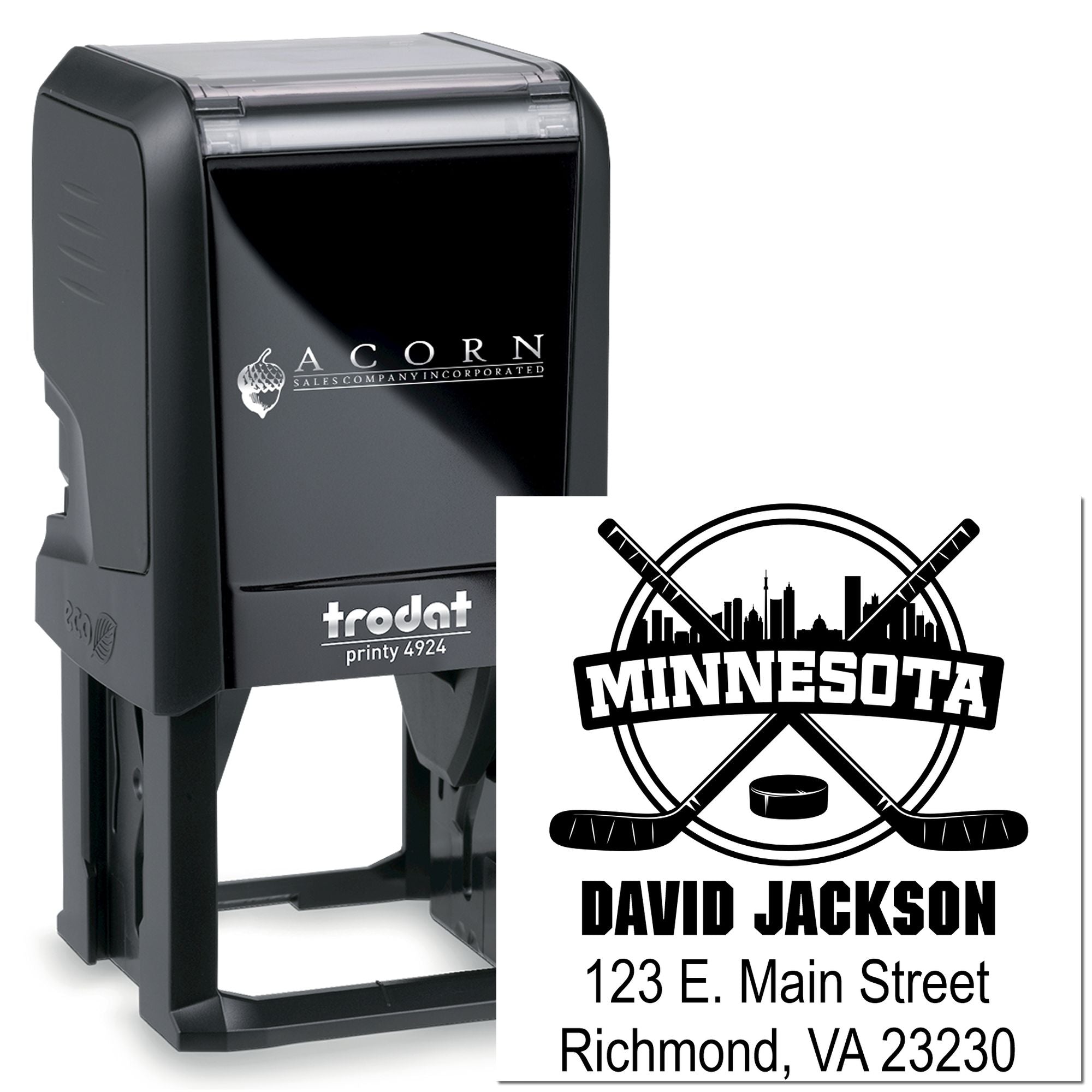 Custom self-inking rubber stamp with hockey logo, name and address, Trodat Printy 4924 for business branding.