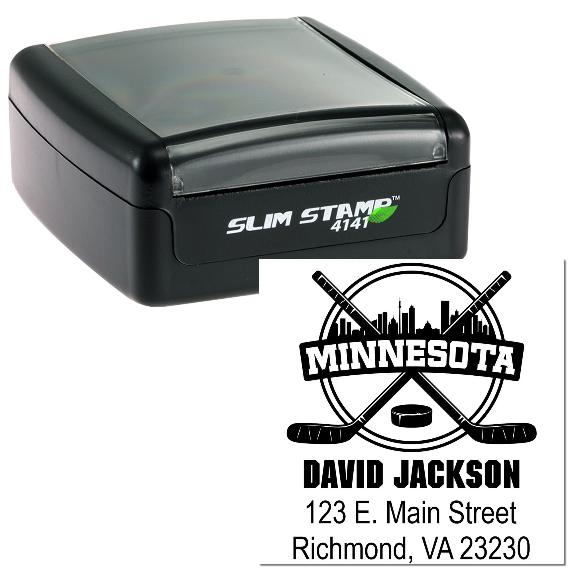 Custom self-inking Slim Stamp rubber stamp with Minnesota hockey logo and return address imprint for personalized mailing.