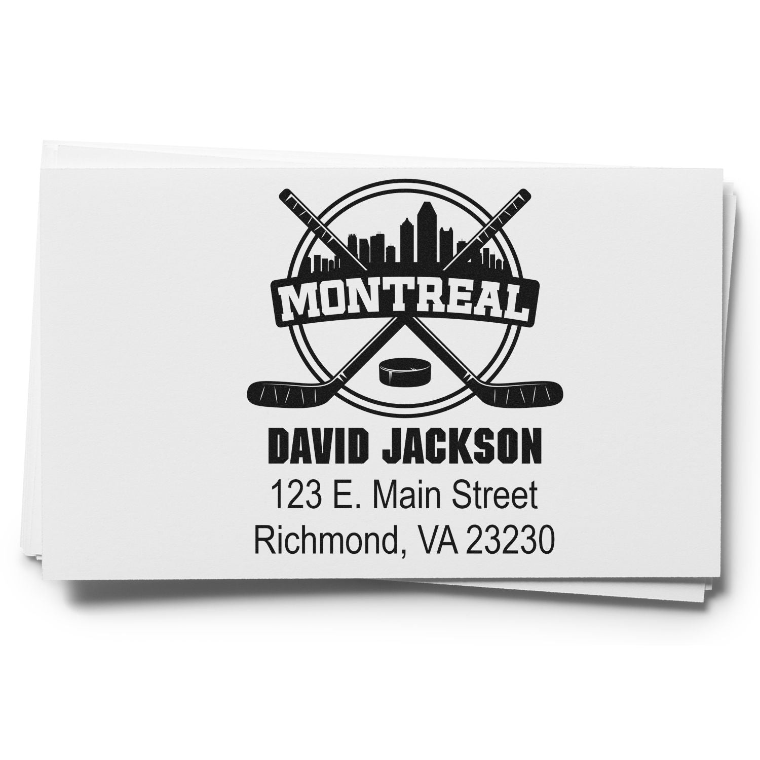 Custom Montreal hockey return address rubber stamp with David Jackson name and Richmond, VA address.