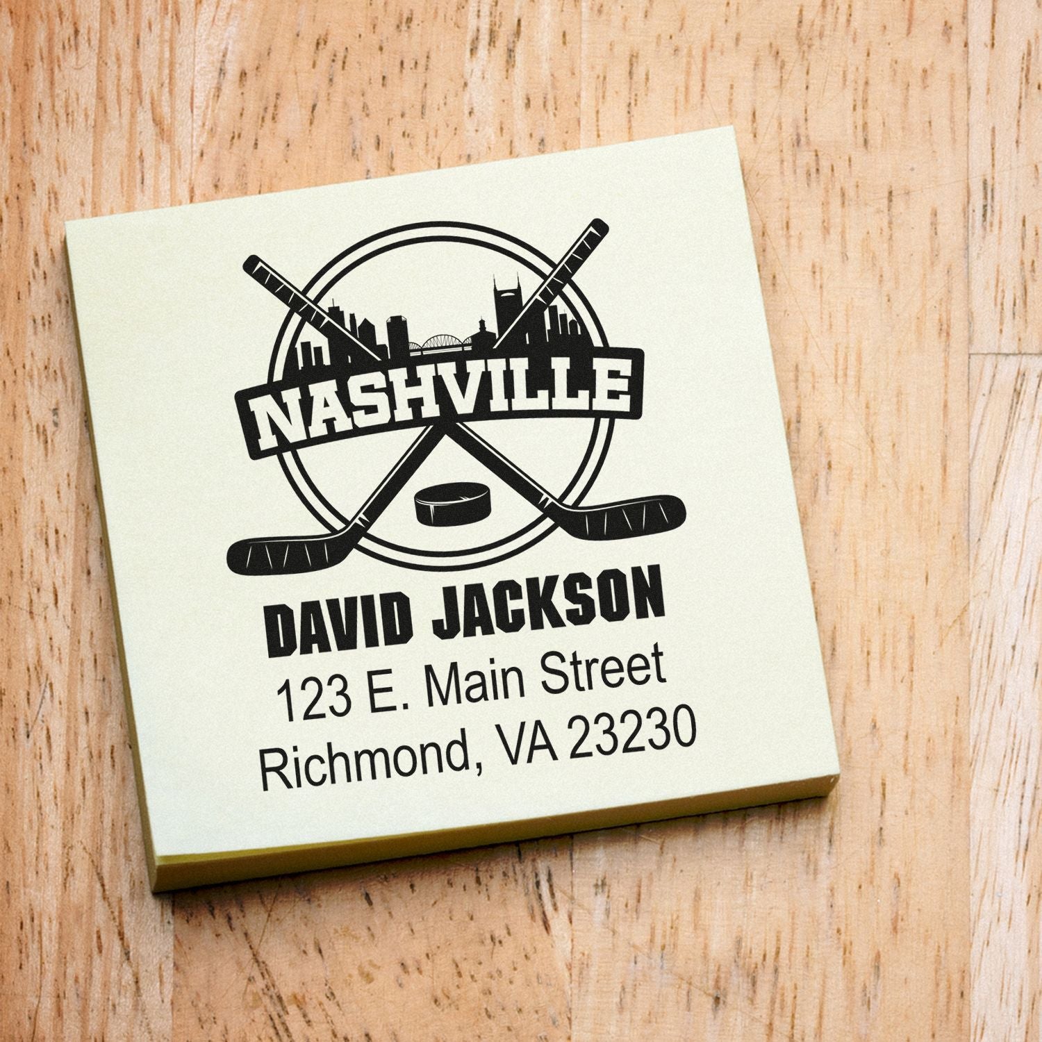 Custom Nashville hockey return address rubber stamp with skyline, name, and Richmond, VA address for mail personalization.