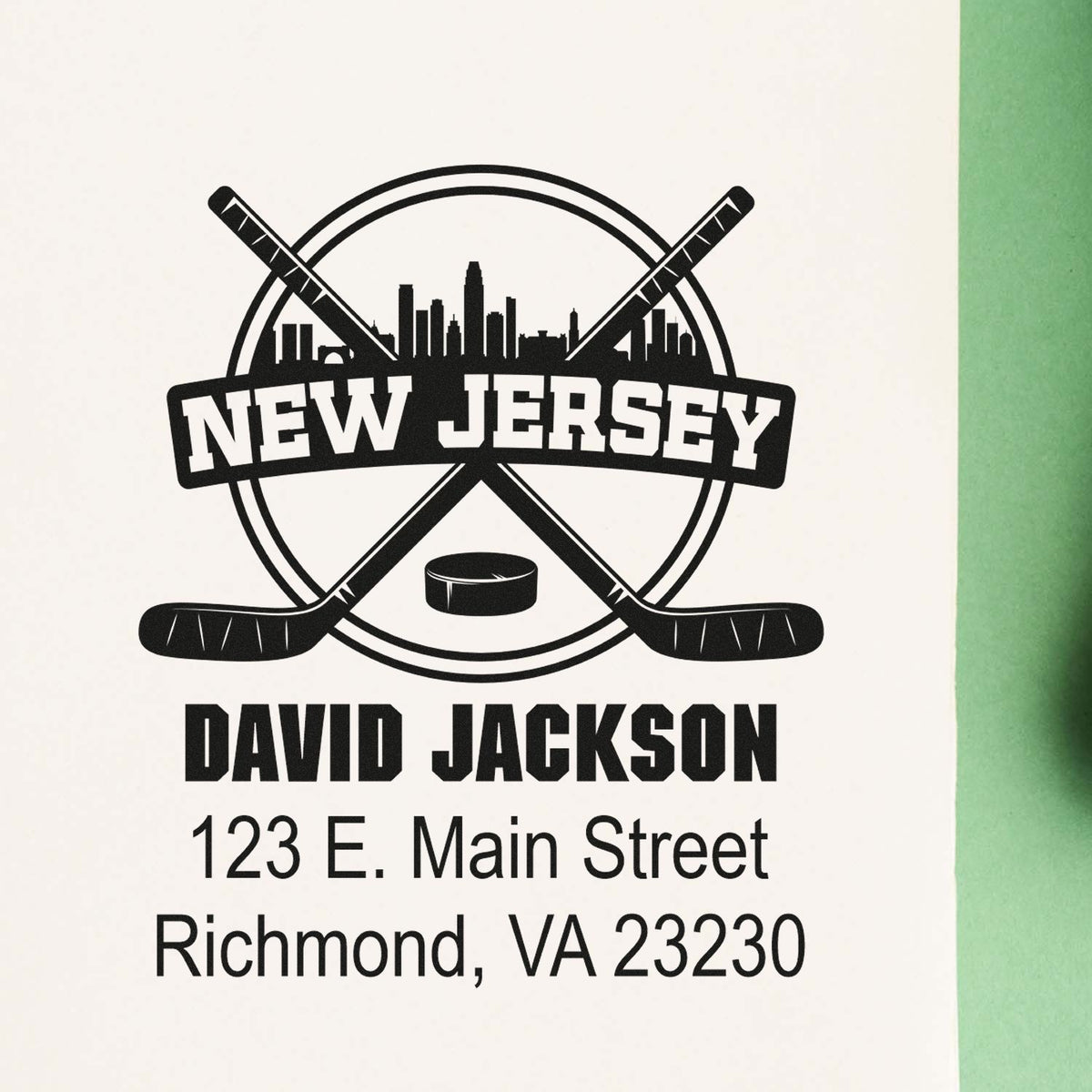 Personalized hockey rubber stamp for New Jersey, featuring skyline logo, David Jackson, and Richmond, VA address.