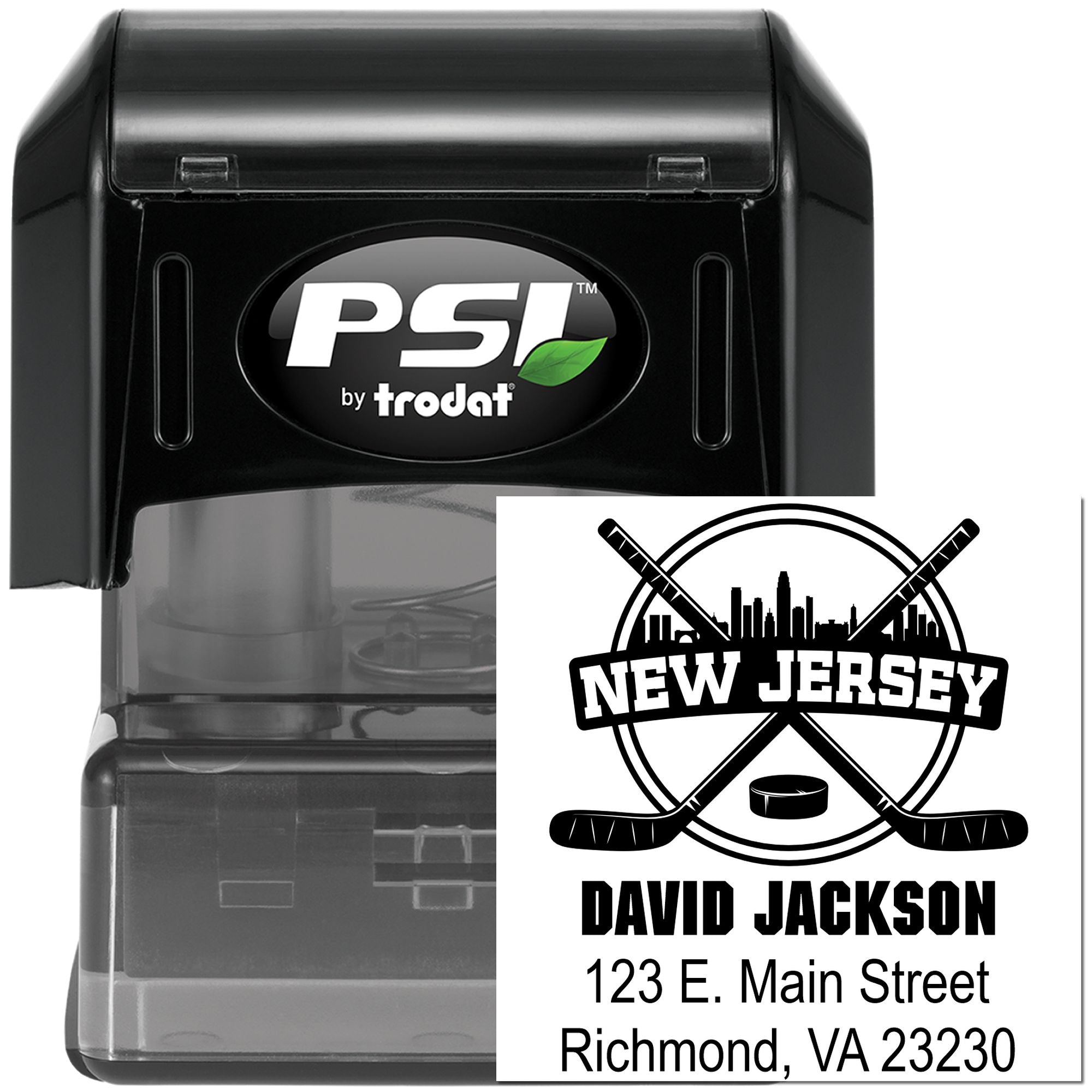PSI by Trodat self-inking rubber stamp with custom New Jersey hockey logo, name, and address for personalized mailing.