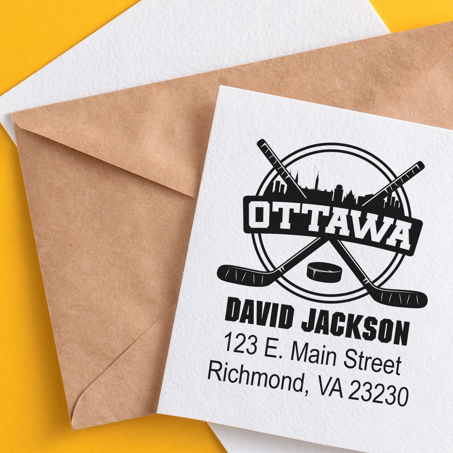 Custom rubber address stamp design with Ottawa hockey logo and David Jackson return address for mail and branding.