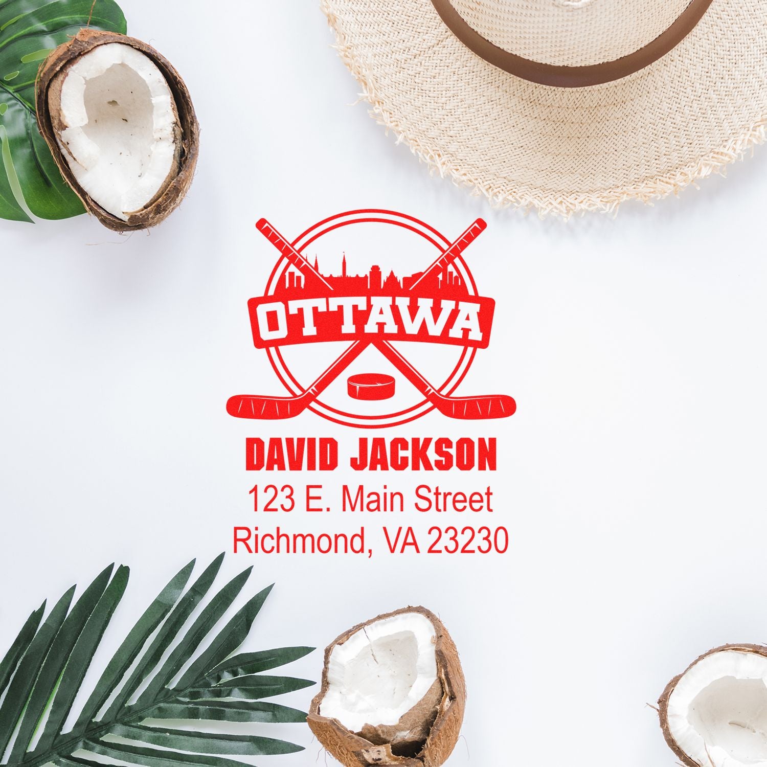 Custom hockey logo rubber stamp with Ottawa design, David Jackson name, and Richmond, VA address for personalized branding.