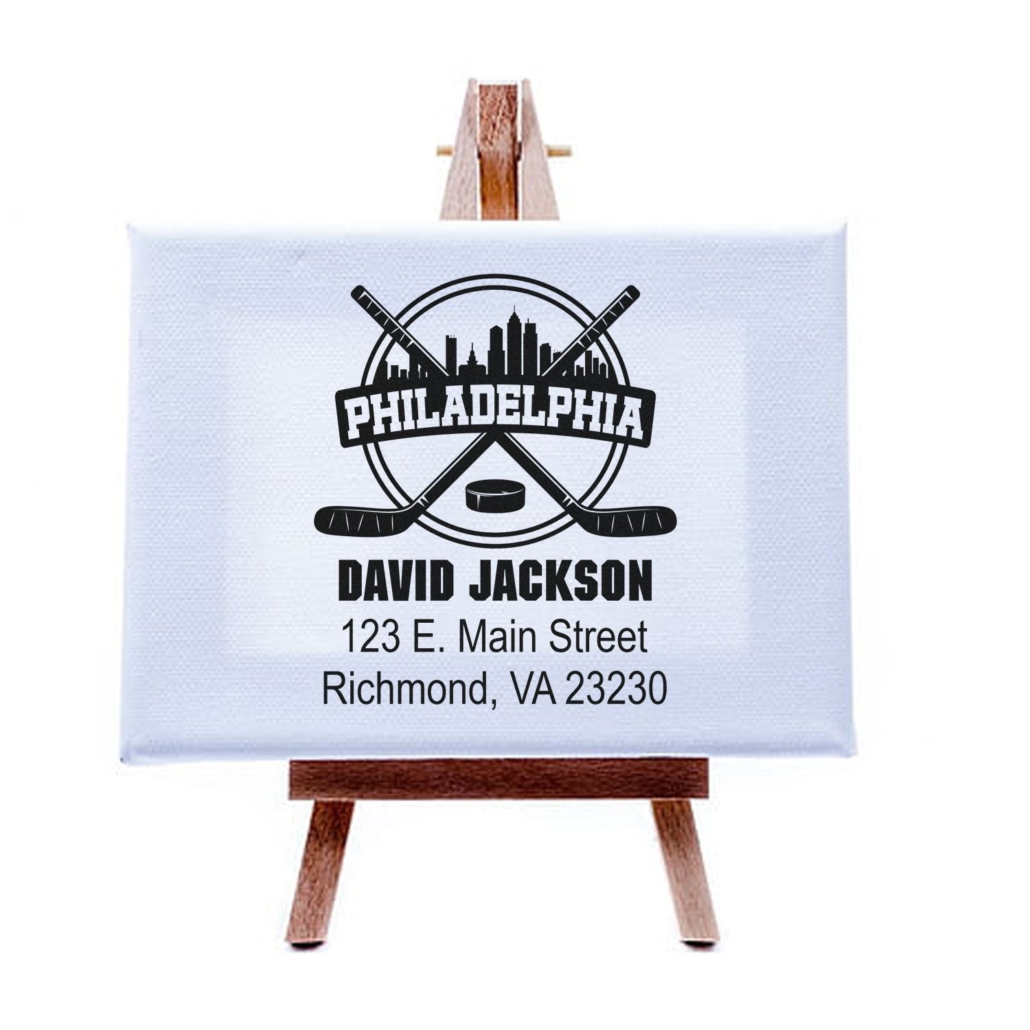 Philadelphia hockey return address rubber stamp with name and address for personalized mail and sports fans.