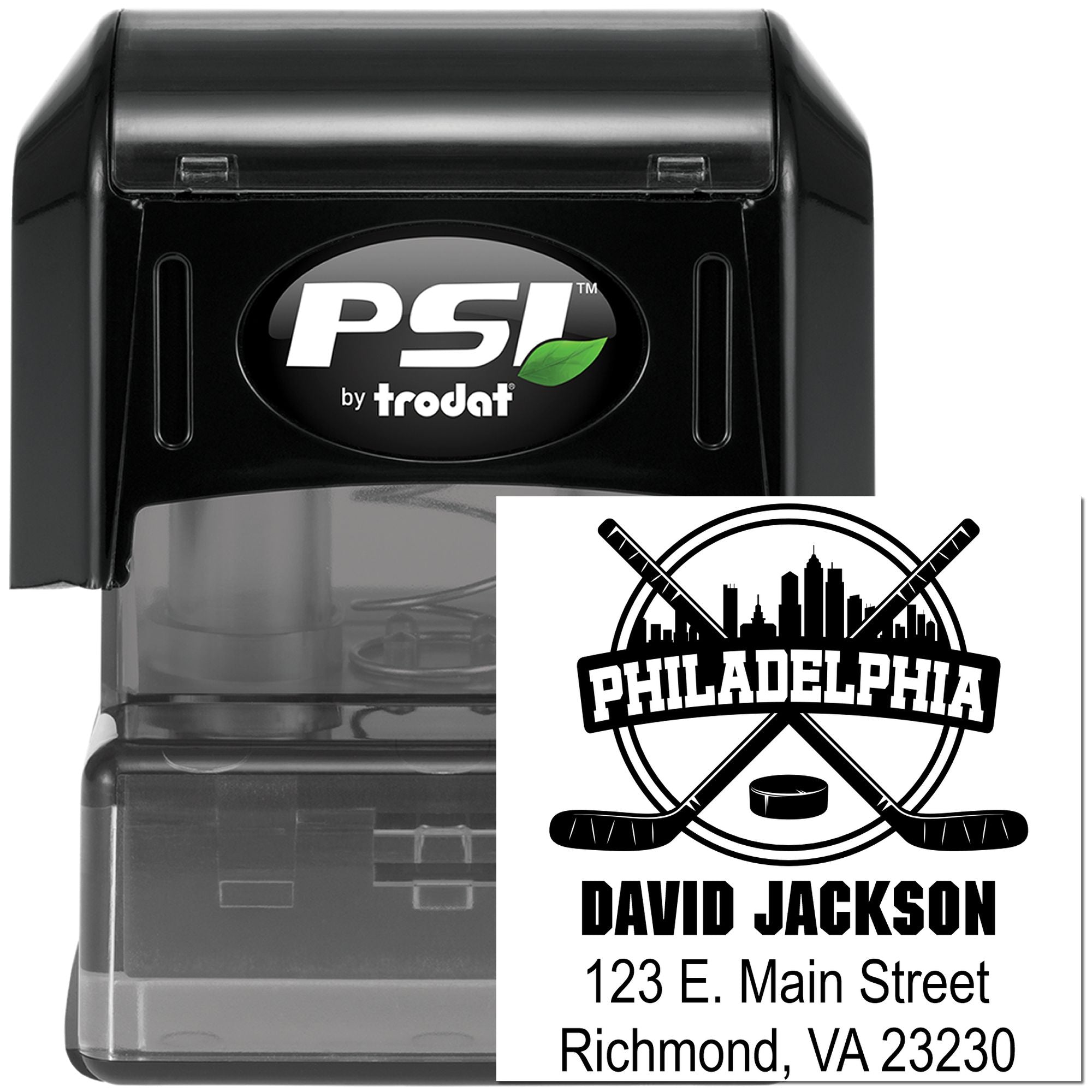 Custom self-inking return address rubber stamp with Philadelphia hockey logo, name, and address imprint