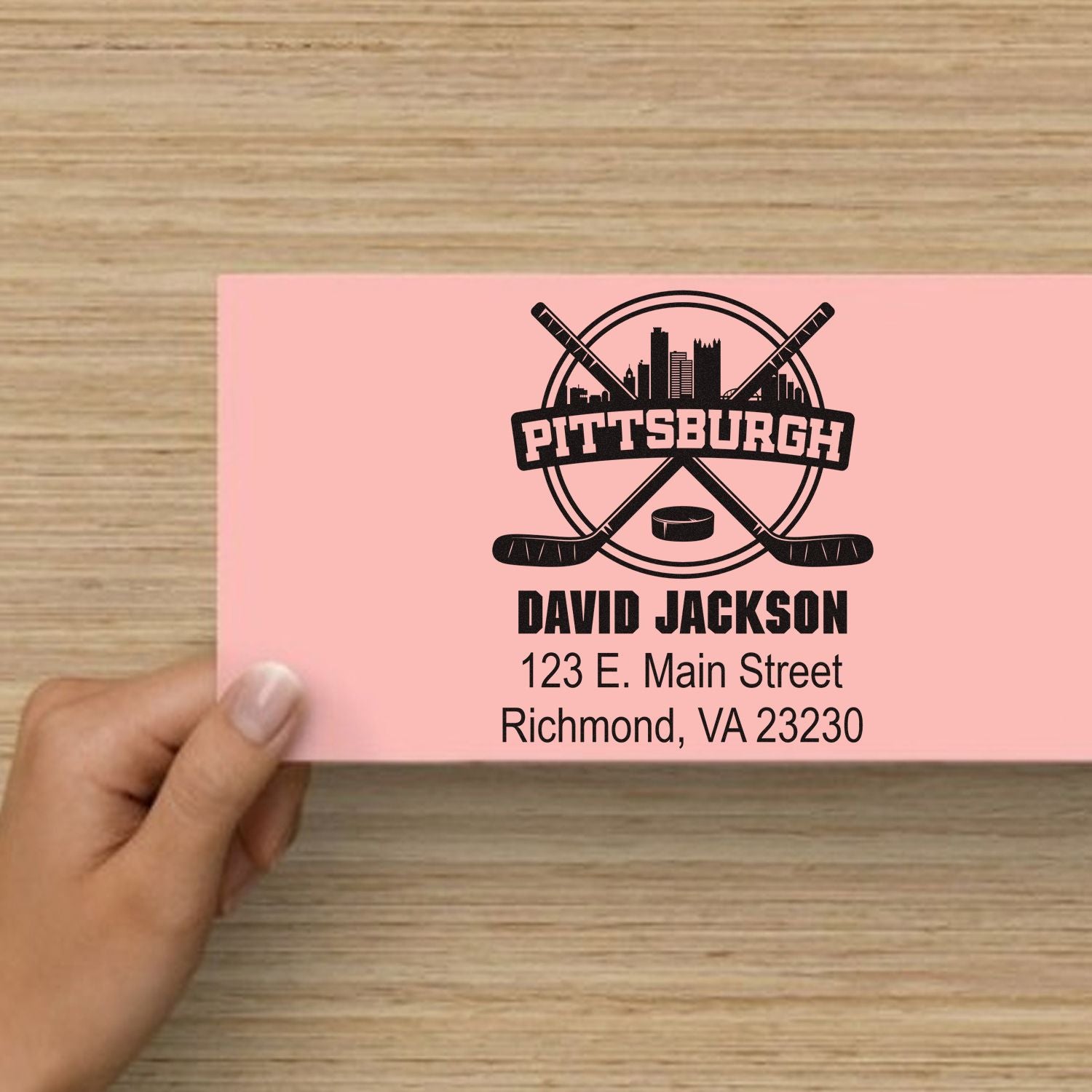 Custom Pittsburgh hockey return address rubber stamp with skyline logo, name, and address for David Jackson.