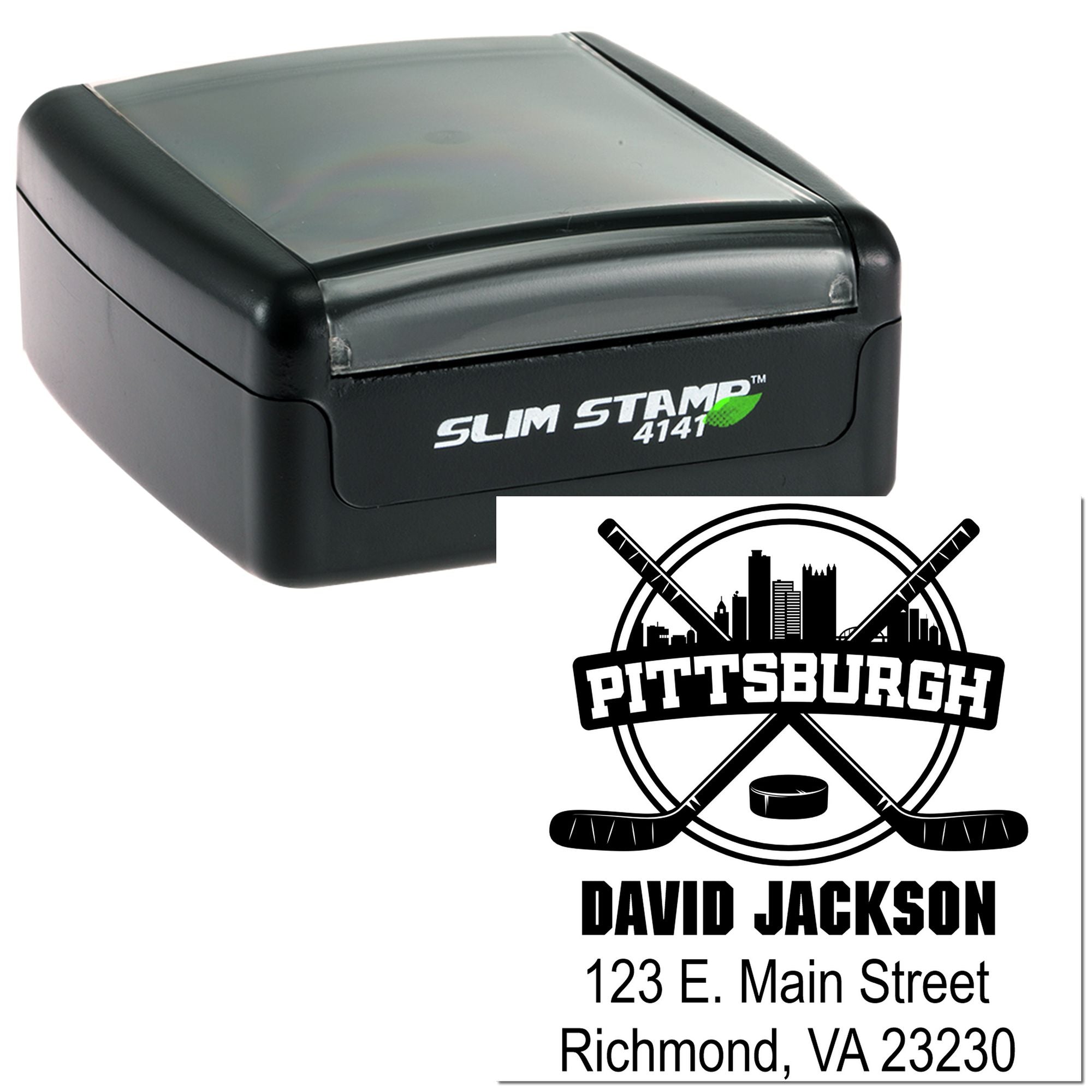 Custom Pittsburgh hockey address rubber stamp with self-inking Slim Stamp and personalized name and street address imprint.