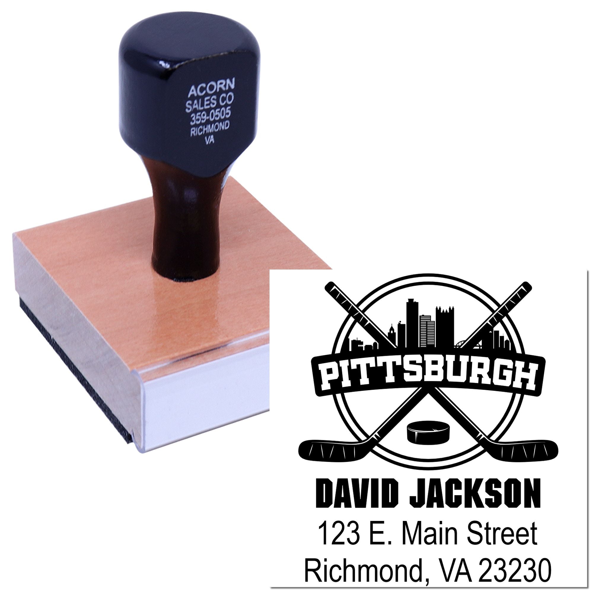 Custom hockey rubber stamp with Pittsburgh logo, name, and address for personalized branding