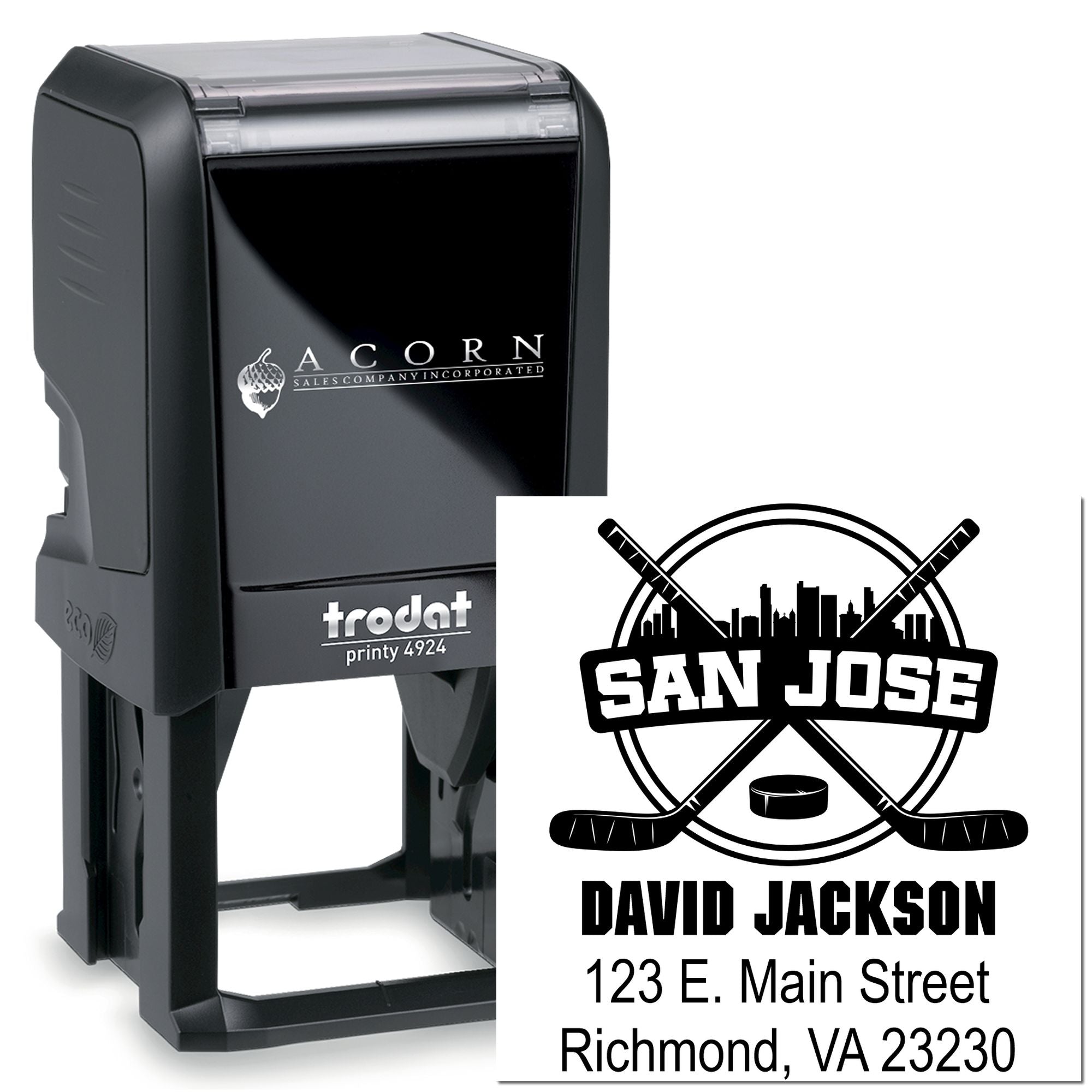 Custom self-inking rubber stamp with San Jose hockey logo, name, and address on Trodat Printy 4924.