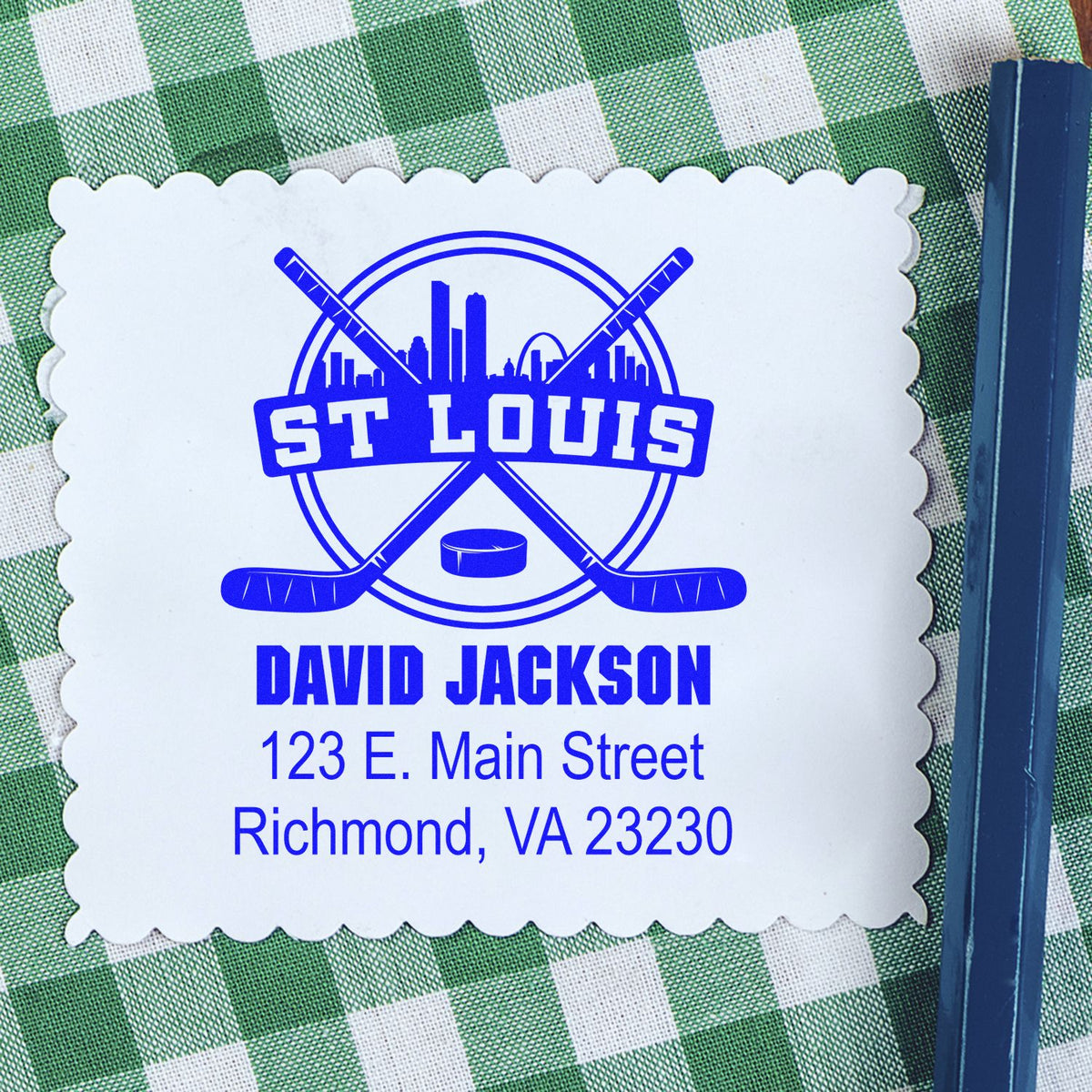 Custom St. Louis rubber stamp with hockey logo and David Jackson address for mail, branding, or personal stationery.