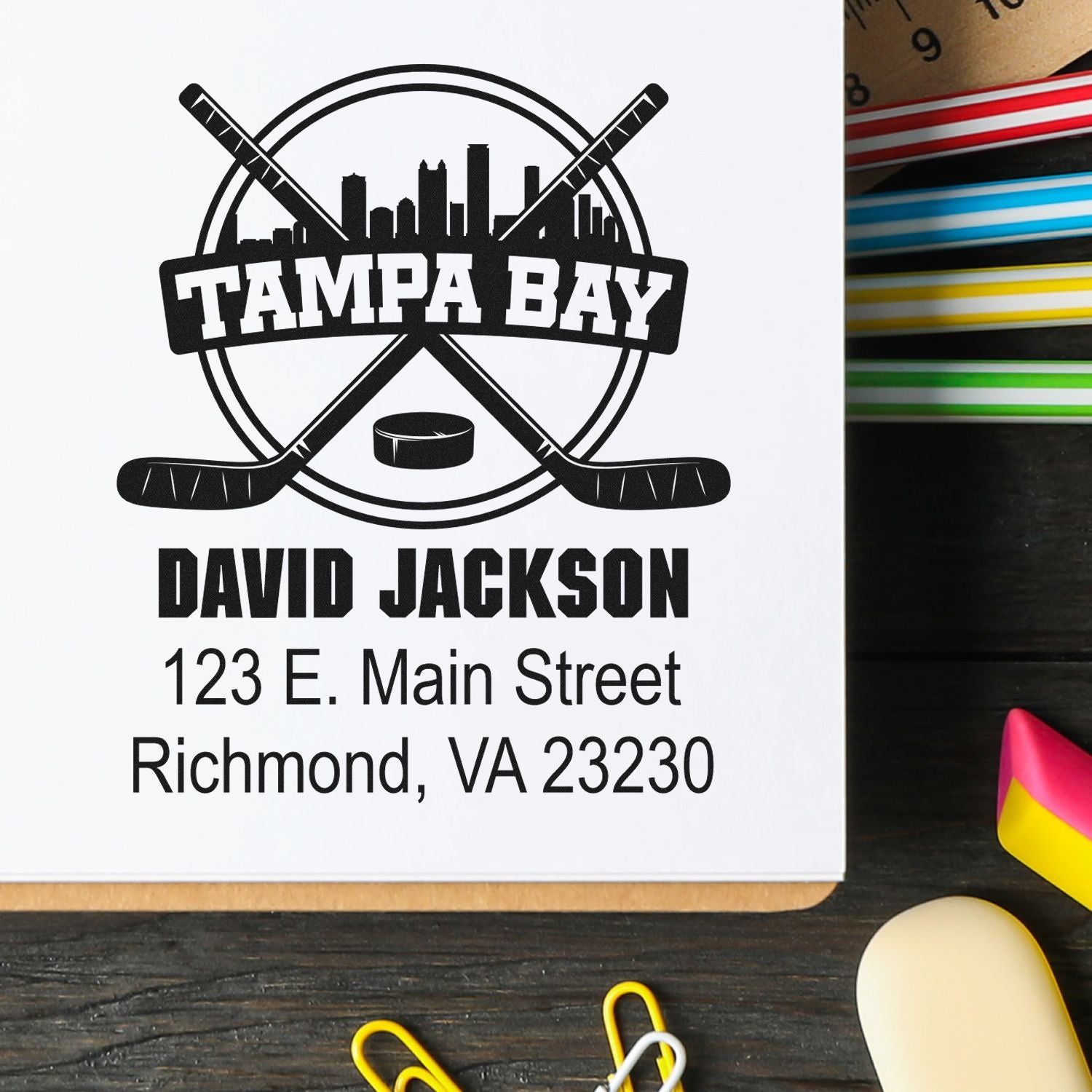 Custom Tampa Bay hockey rubber stamp with name and address for personalized return mail and business labeling.