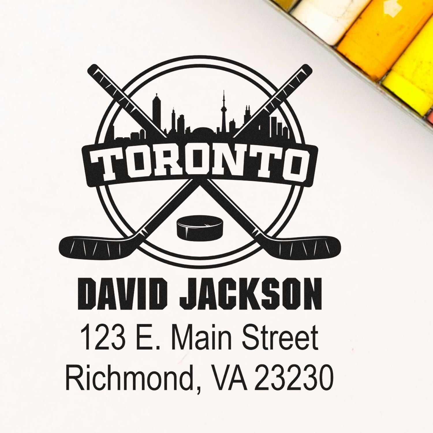Custom Toronto hockey rubber stamp for David Jackson with skyline logo and Richmond, VA address.