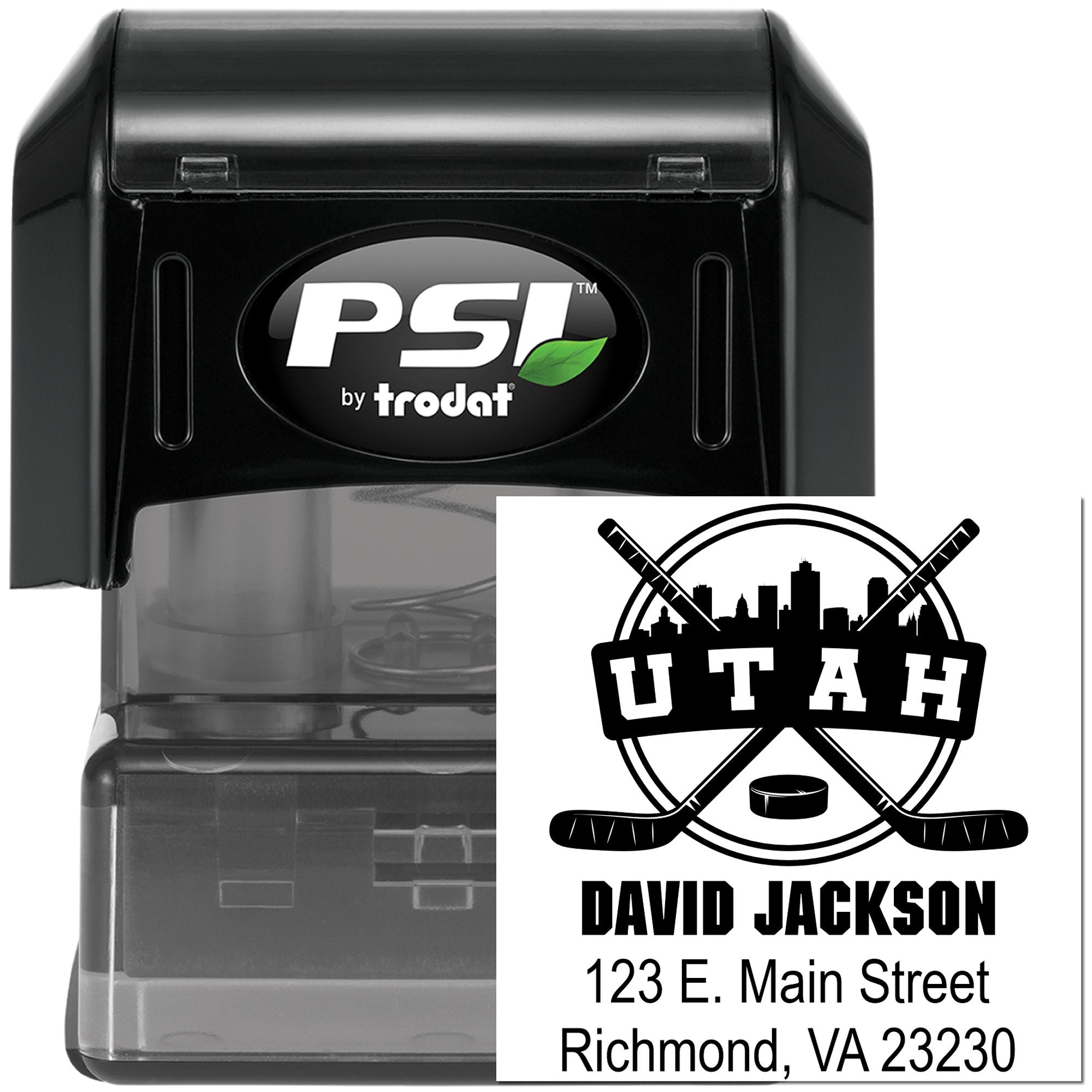 PSI by Trodat self-inking custom address rubber stamp with Utah hockey design for personalized mailing.