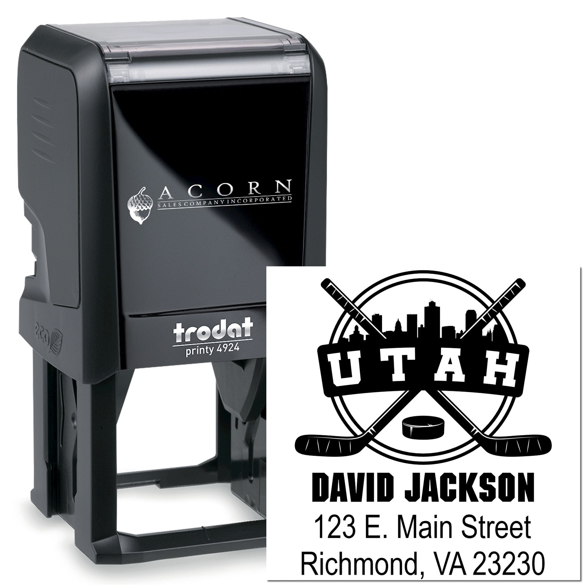 Custom self-inking rubber address stamp with Utah hockey logo, name, and mailing address.