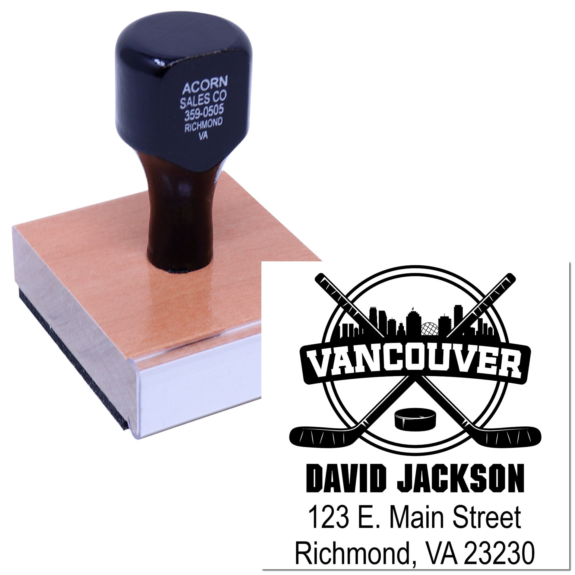 Custom rubber stamp with Vancouver hockey logo, David Jackson name, and Richmond VA address for branding.