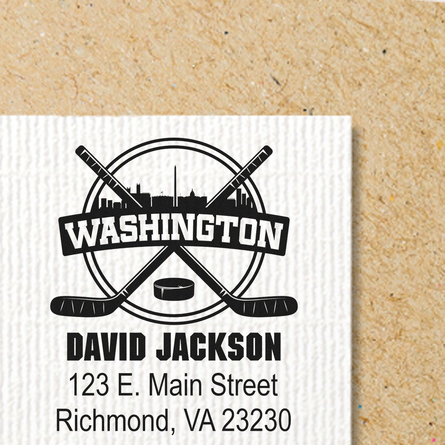 Personalized Washington hockey return address rubber stamp with crossed sticks, city skyline, name, and address.