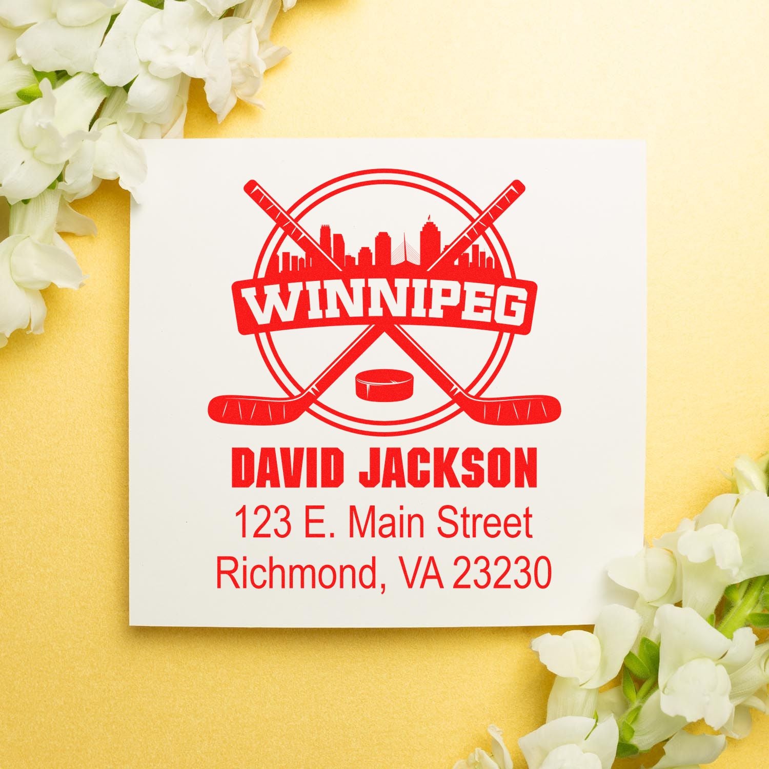 Custom Winnipeg hockey rubber stamp with name David Jackson and Richmond, VA return address for personalized mailing.