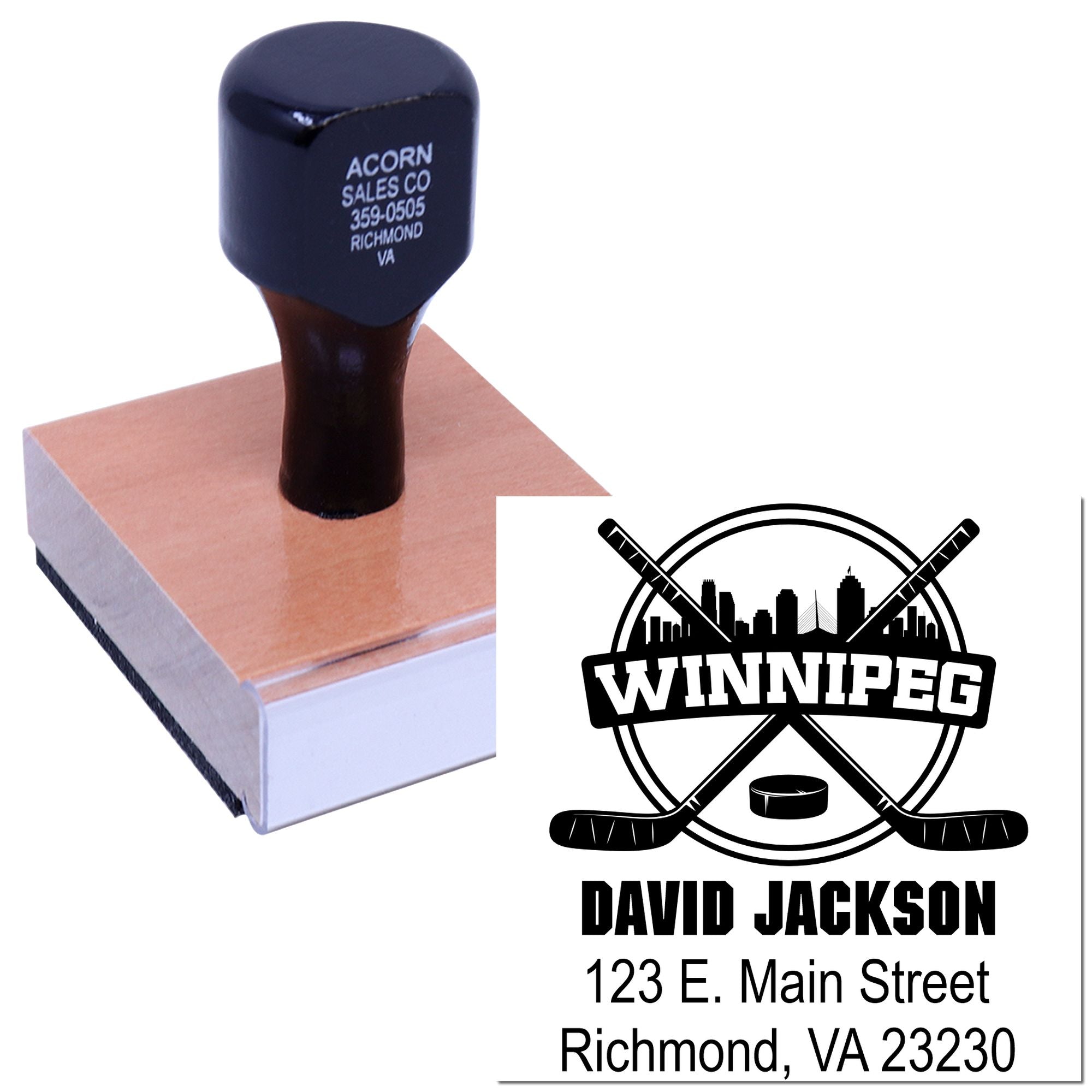 Custom hockey rubber stamp with Winnipeg logo, personalized name, and address for team branding and mailings.