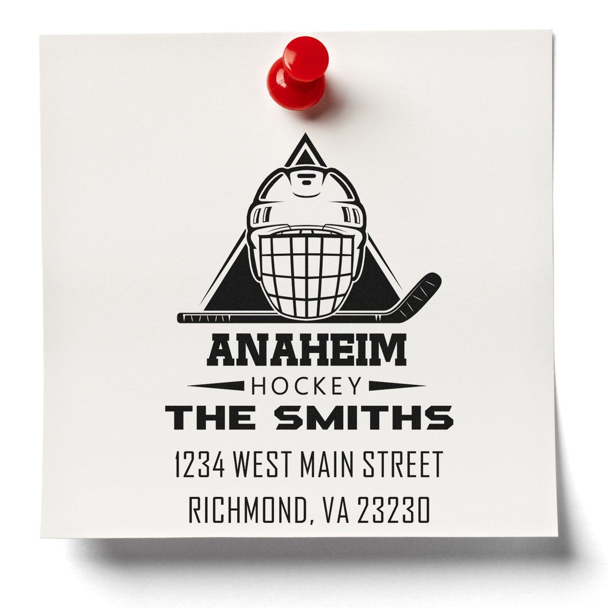 Custom hockey return address rubber stamp with Anaheim Hockey logo, The Smiths name, and Richmond, VA address.