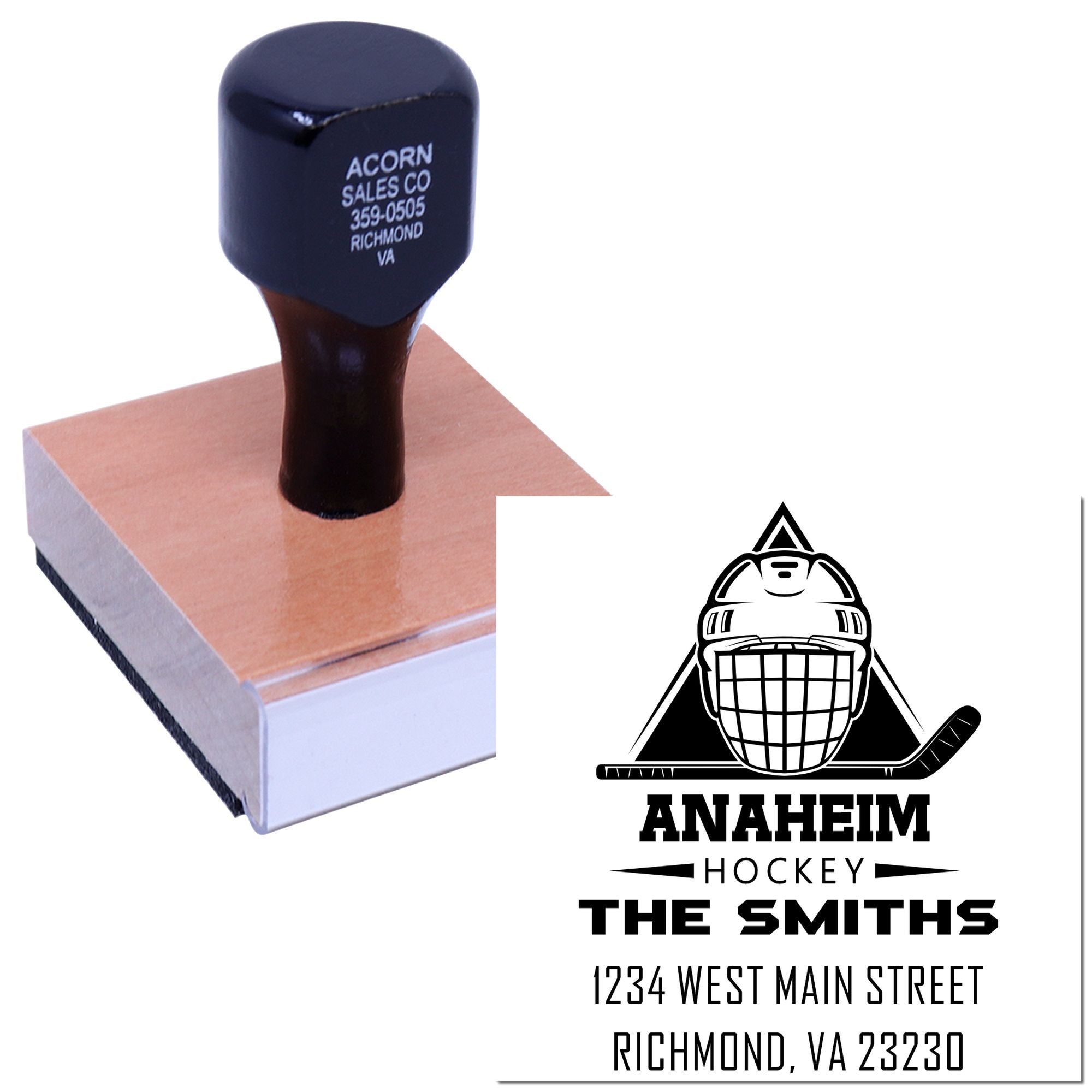 Custom rubber stamp with Anaheim Hockey logo, The Smiths name, and Richmond, VA address for business branding.