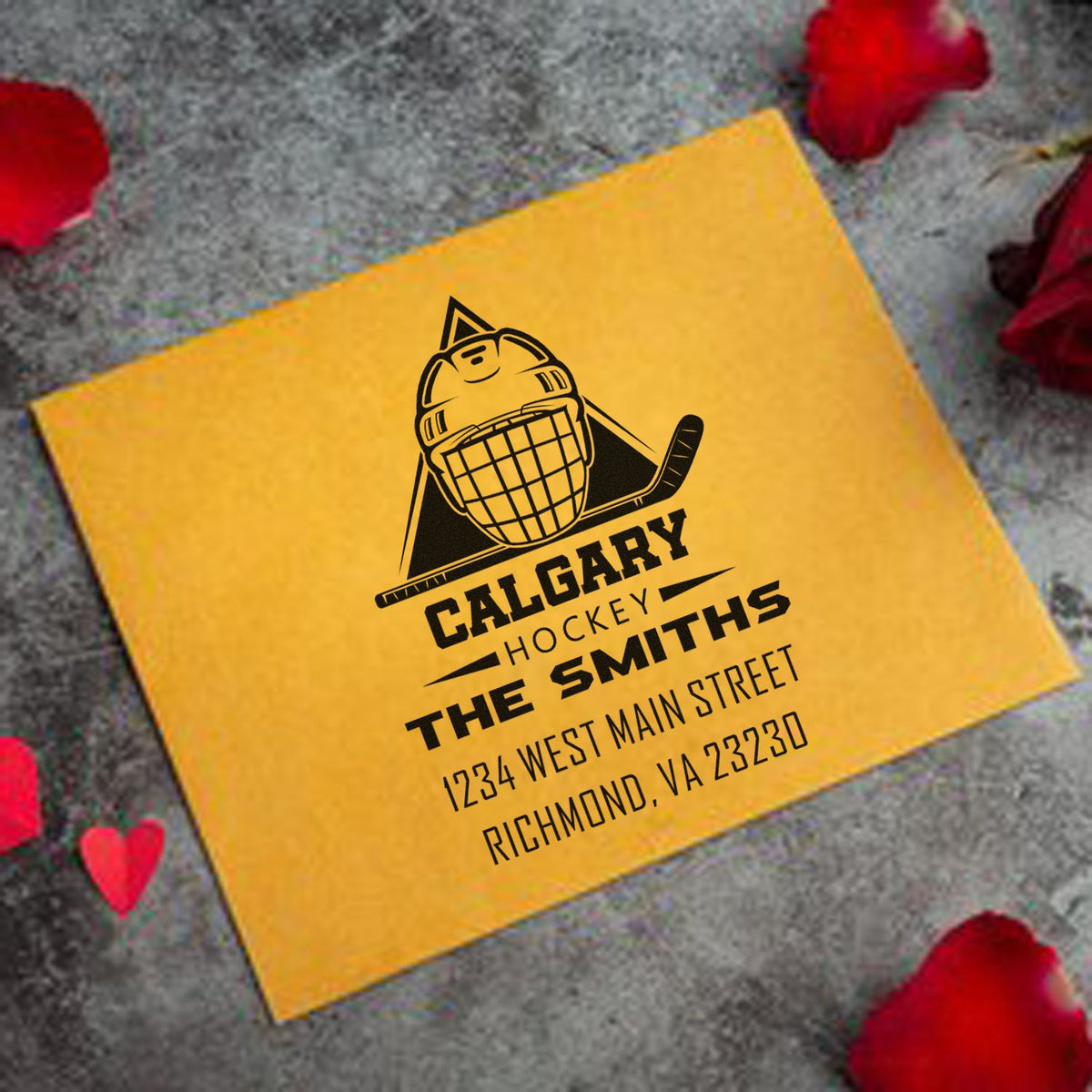 Personalized Calgary Hockey return address rubber stamp for The Smiths with goalie logo and custom mailing address.