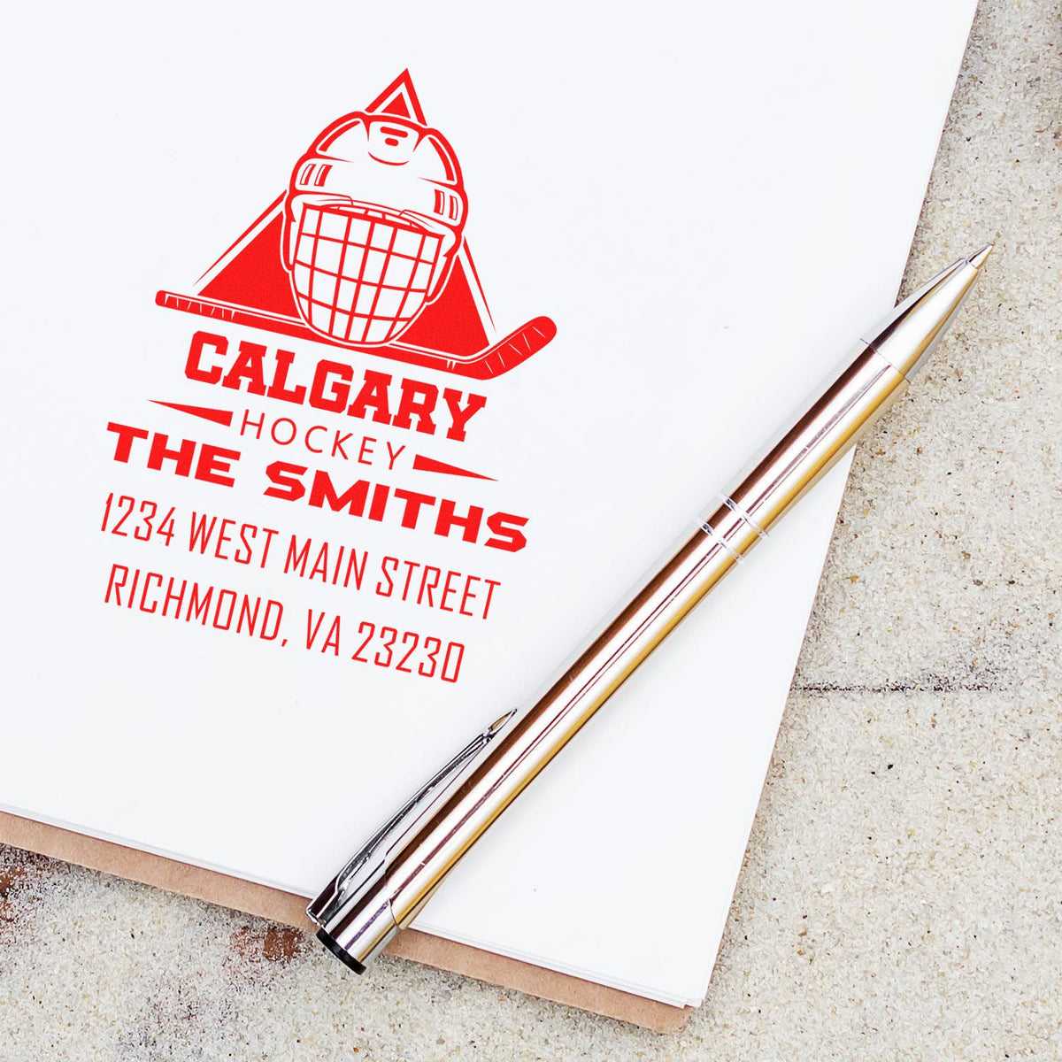Personalized Calgary hockey rubber stamp for The Smiths, featuring a custom logo and return address imprint.