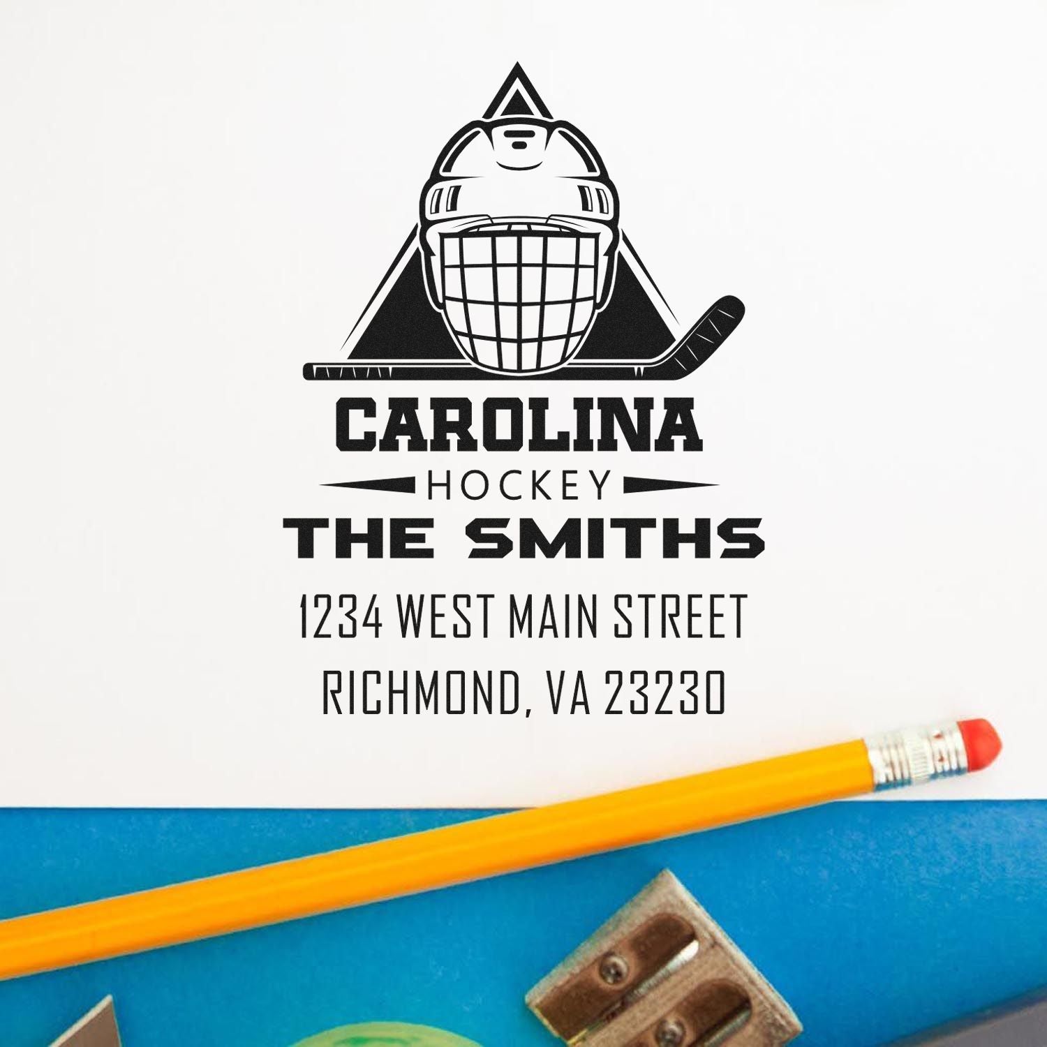 Custom hockey rubber stamp for The Smiths with goalie logo and Richmond, VA return address.