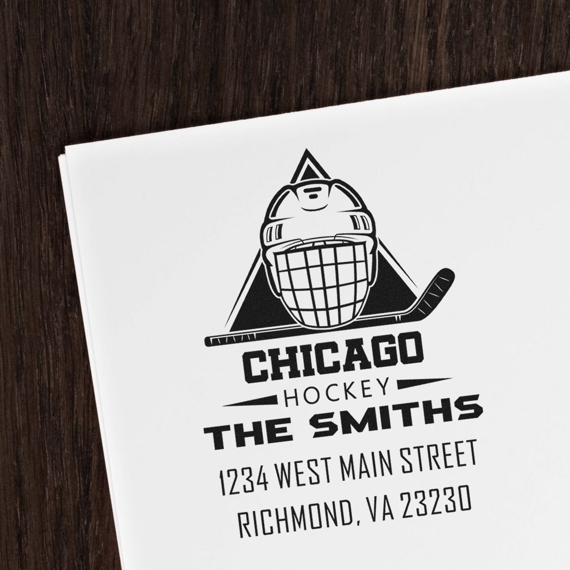Custom hockey return address rubber stamp with Chicago logo, The Smiths, and Richmond, VA address.