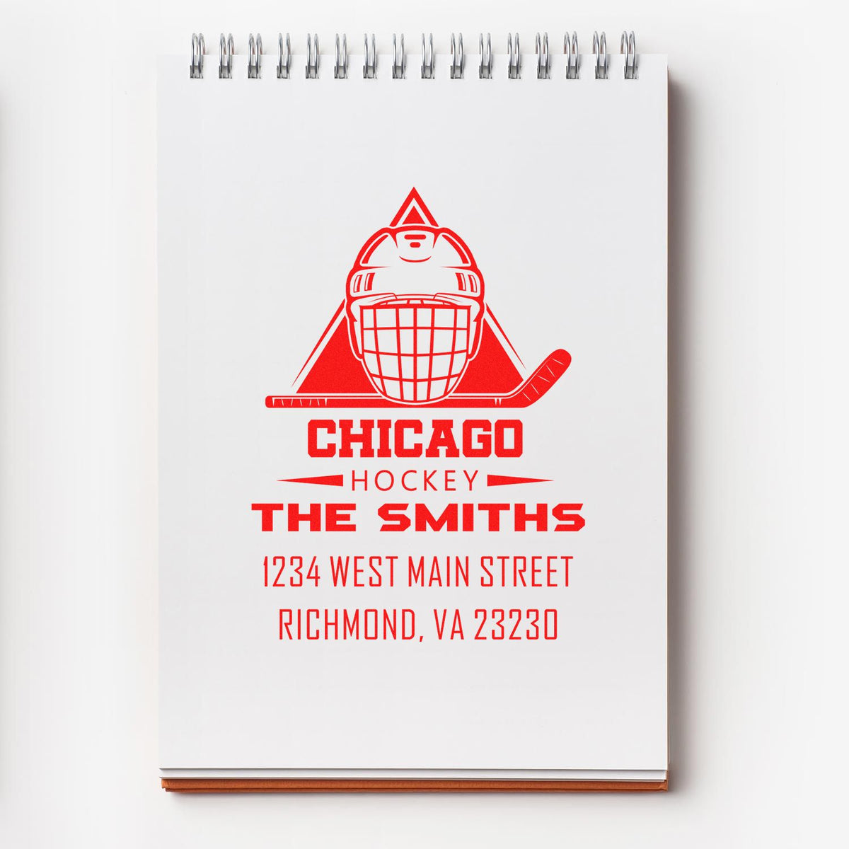Custom hockey rubber stamp with helmet logo, Chicago Hockey, The Smiths, and Richmond, VA address for branding.
