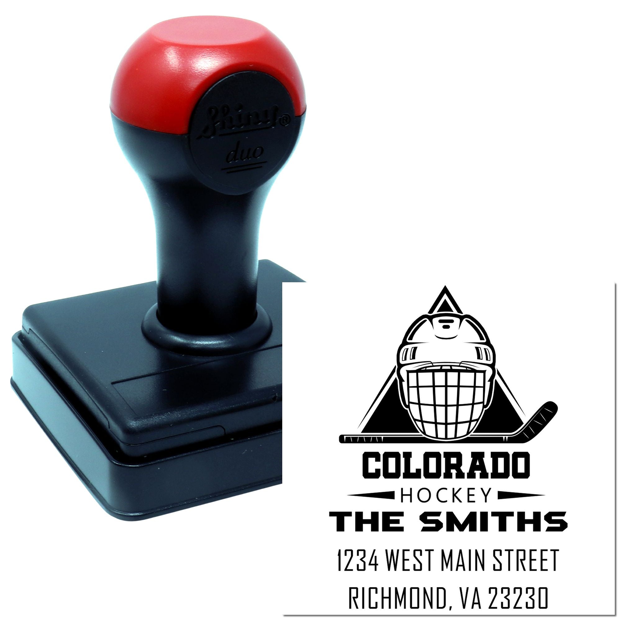 Custom self-inking hockey address stamp with Colorado Hockey logo, The Smiths, and return address.
