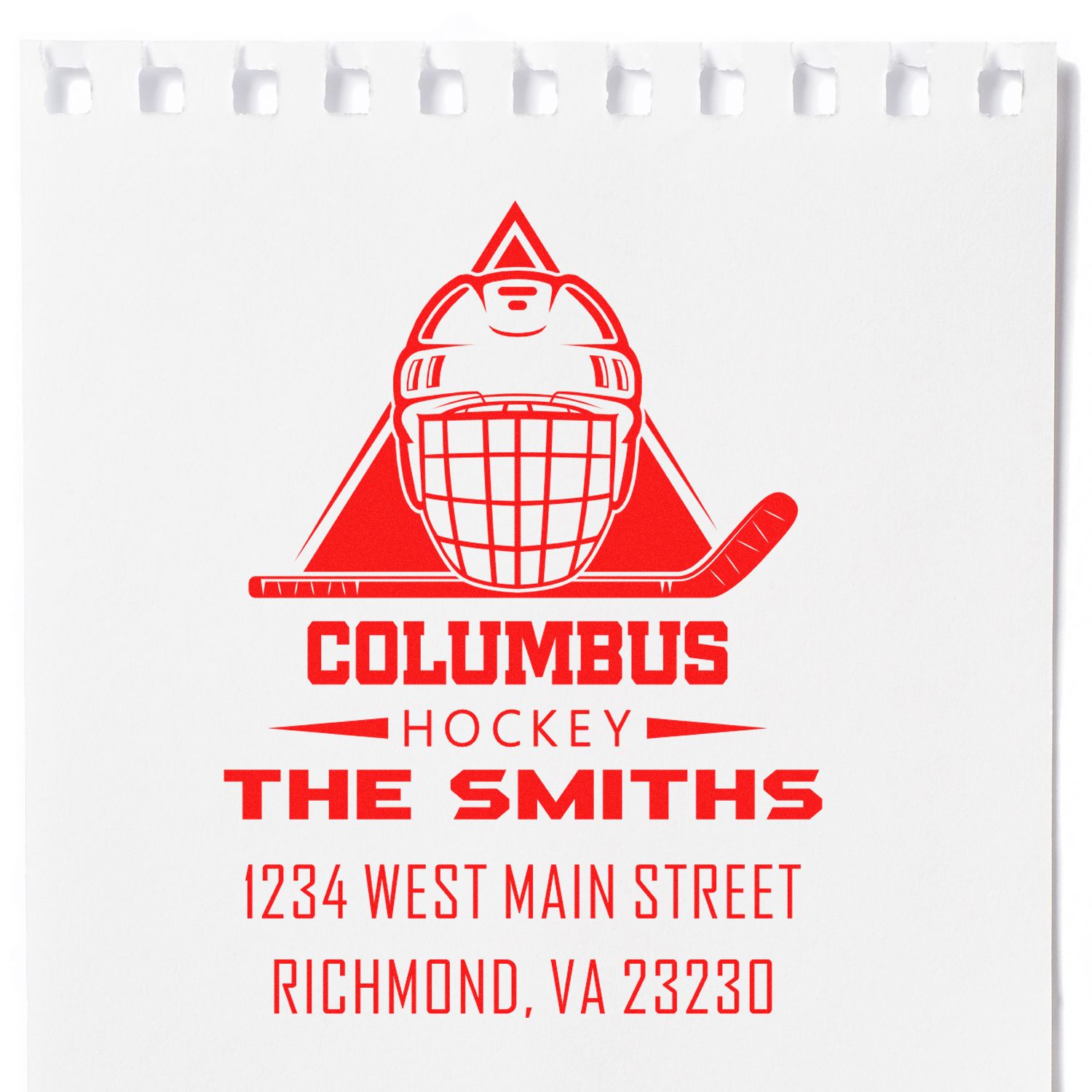 Custom hockey rubber stamp with goalie logo, Columbus Hockey, The Smiths, and Richmond, VA return address for mailing.