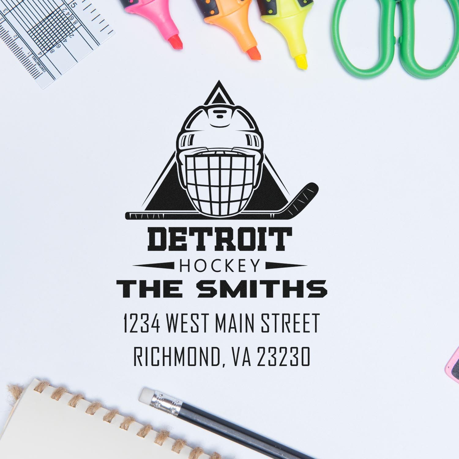 Custom hockey rubber stamp with goalie logo, Detroit Hockey The Smiths, and return address for personalized sports stationery.