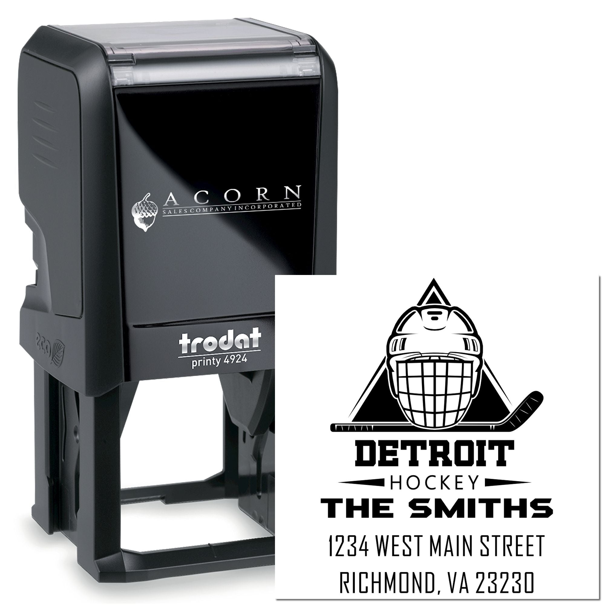 Custom self-inking rubber stamp with Detroit Hockey logo, name, and return address, Trodat Printy 4924 personalized stamp.