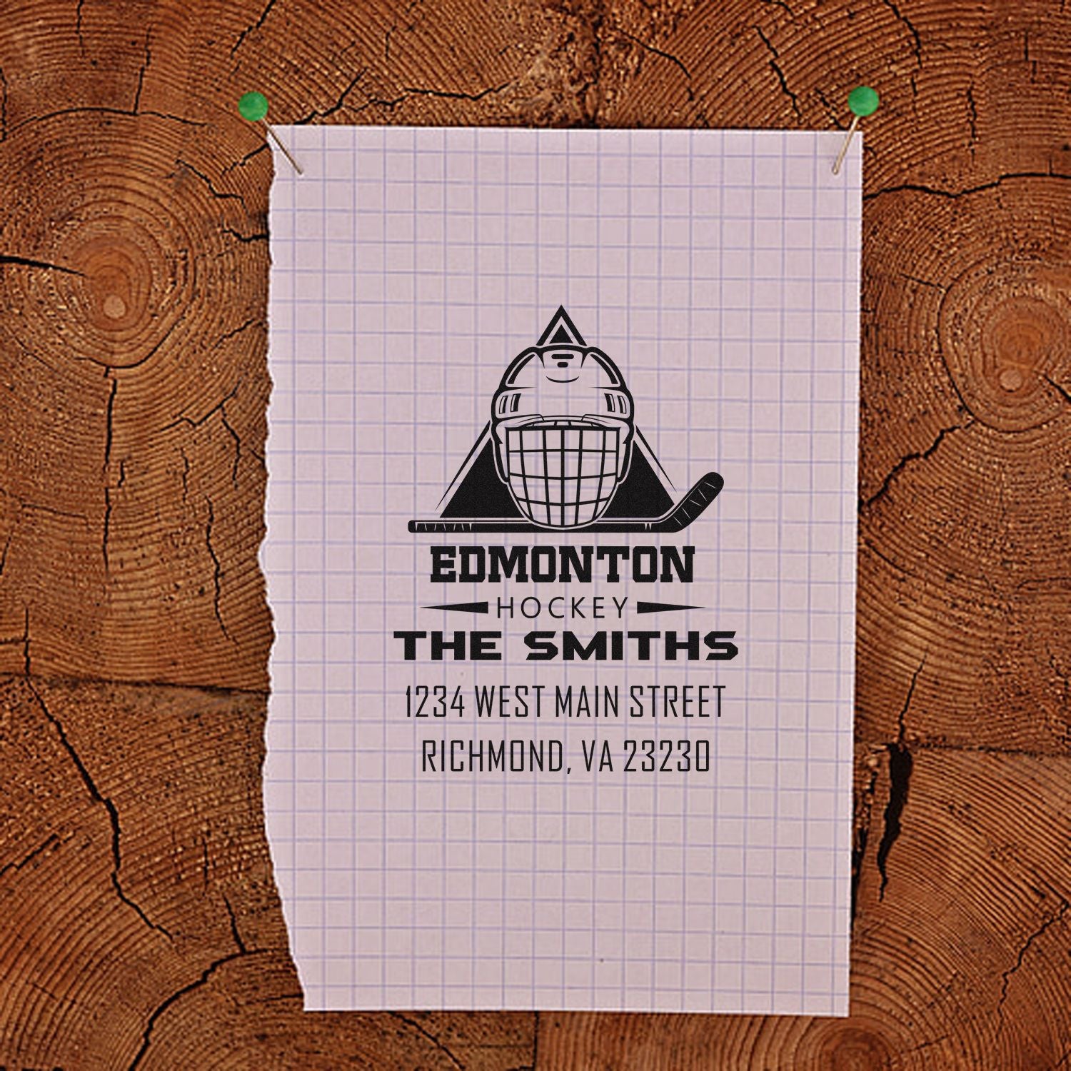 Personalized hockey rubber stamp design for The Smiths with Edmonton logo and return address.