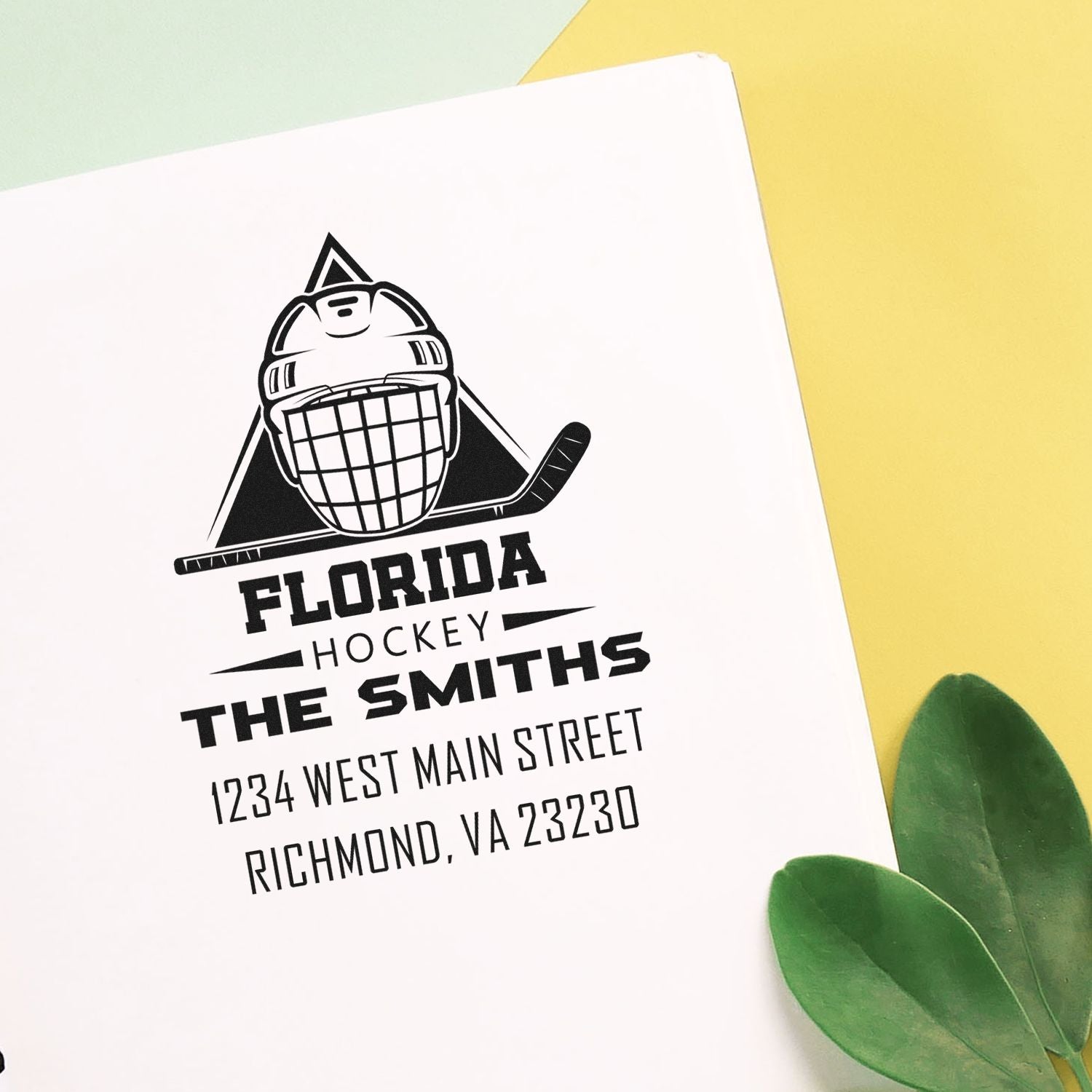 Personalized Florida hockey rubber stamp for The Smiths, with goalie logo and return address on stationery.