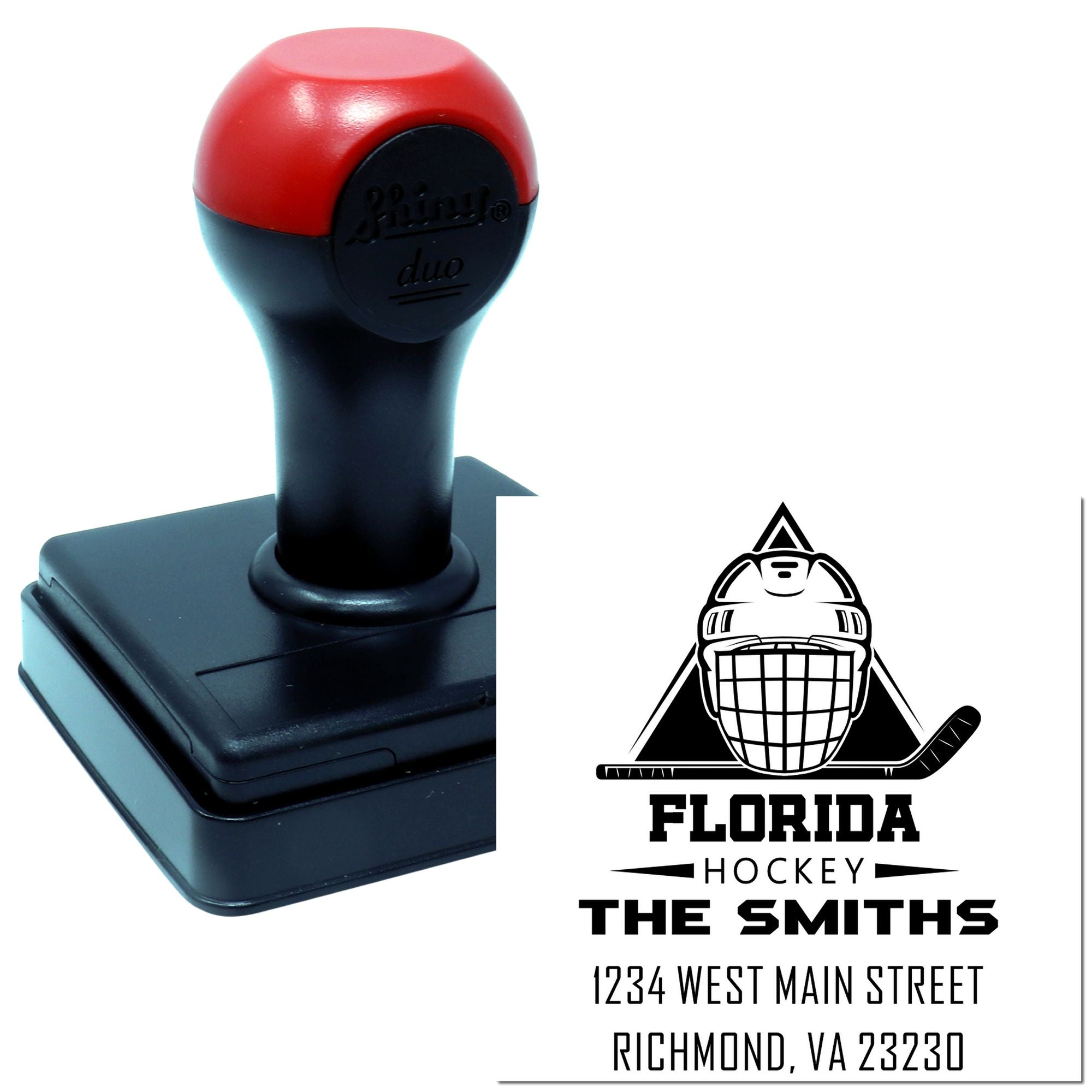 Custom self-inking rubber stamp with Florida Hockey logo, The Smiths name, and return address for personalized mailing.