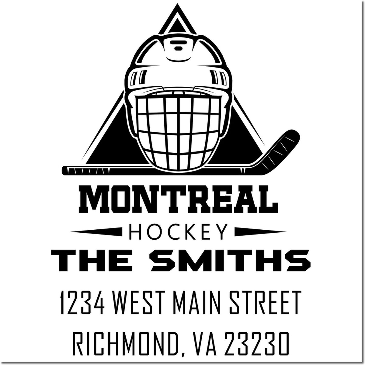Personalized Montreal hockey rubber stamp with goalie mask, The Smiths, and Richmond, VA address for custom mailing.