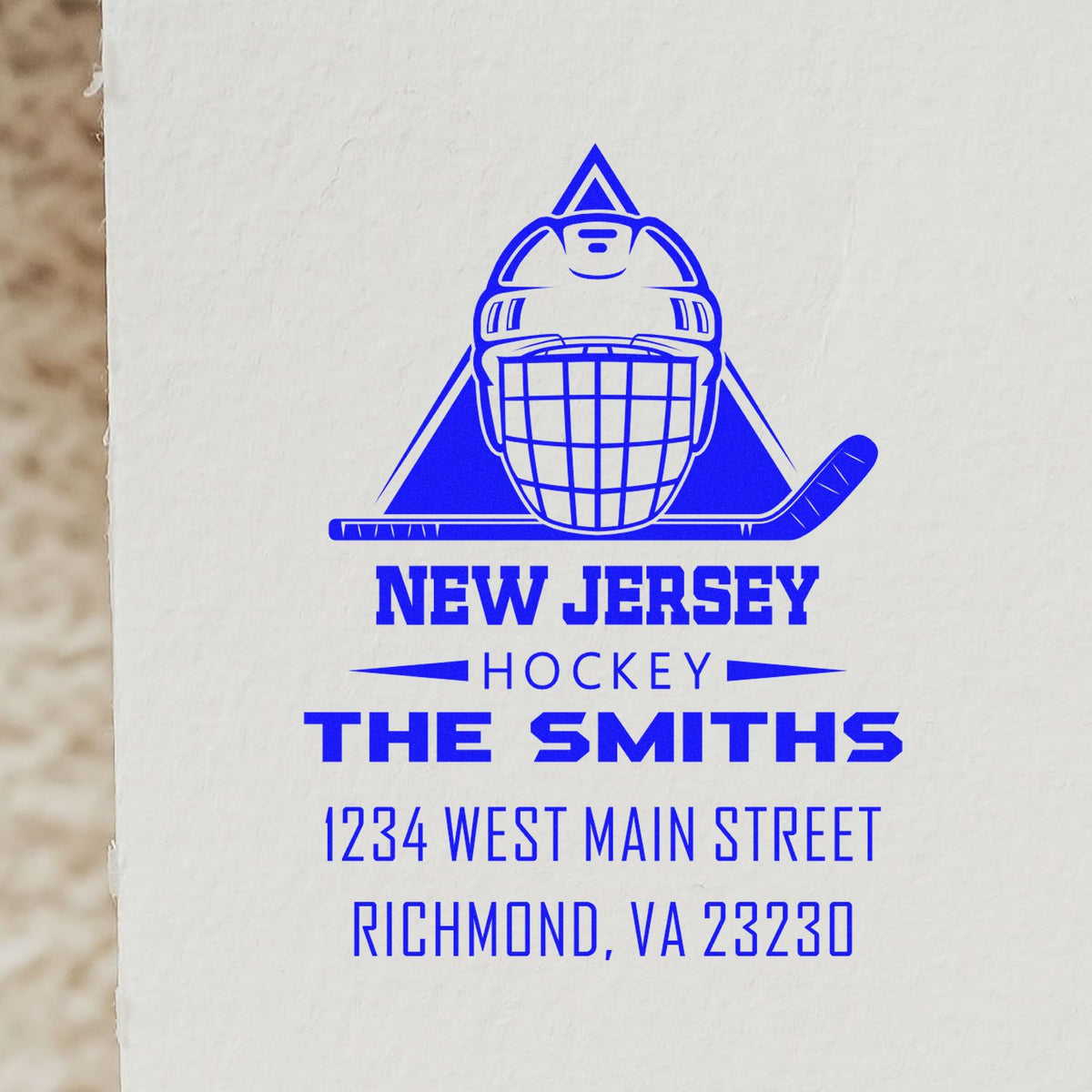 Custom hockey rubber stamp for The Smiths, featuring New Jersey team design and Richmond, VA return address.