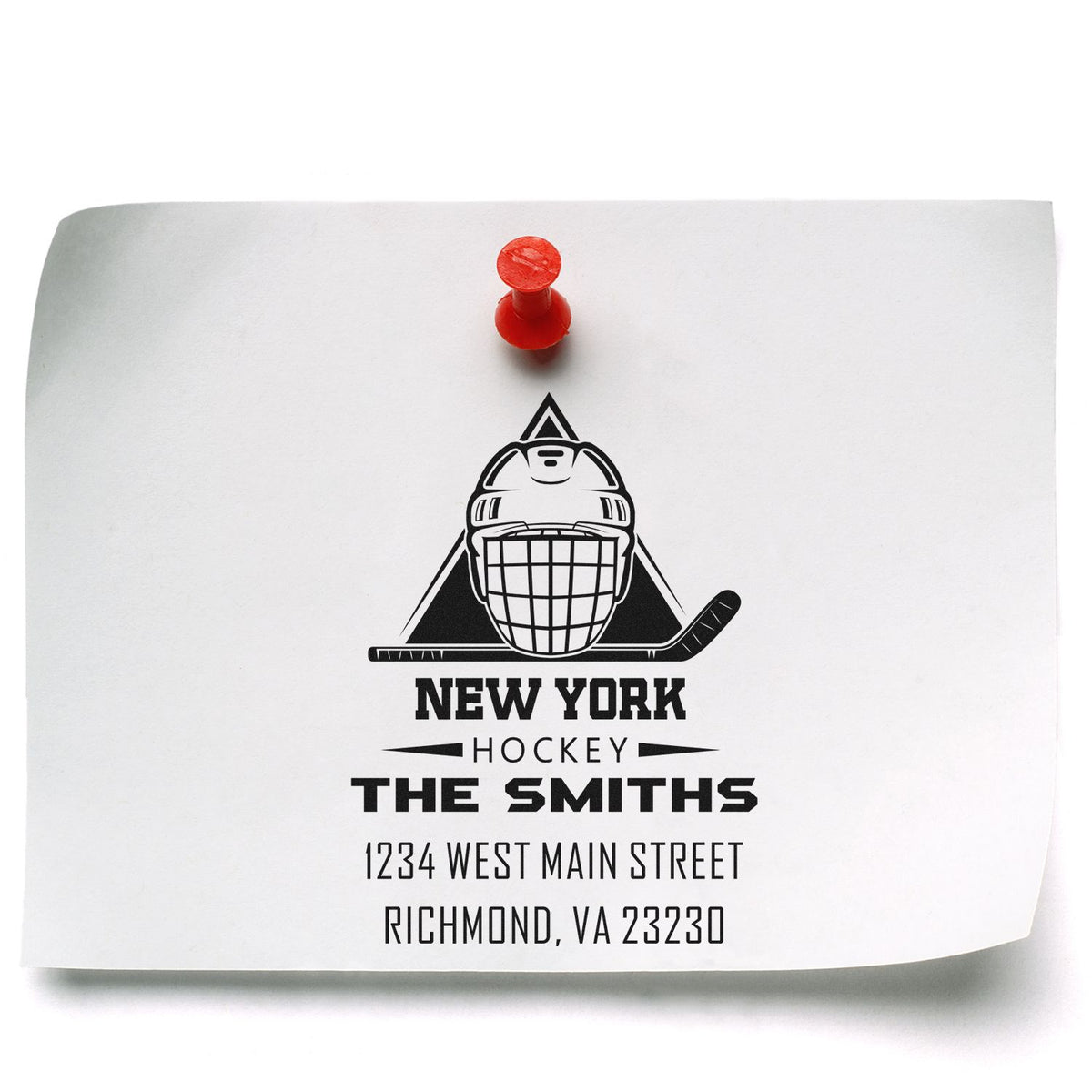 Custom hockey address stamp with helmet logo for The Smiths, New York Hockey, and Richmond VA mailing.
