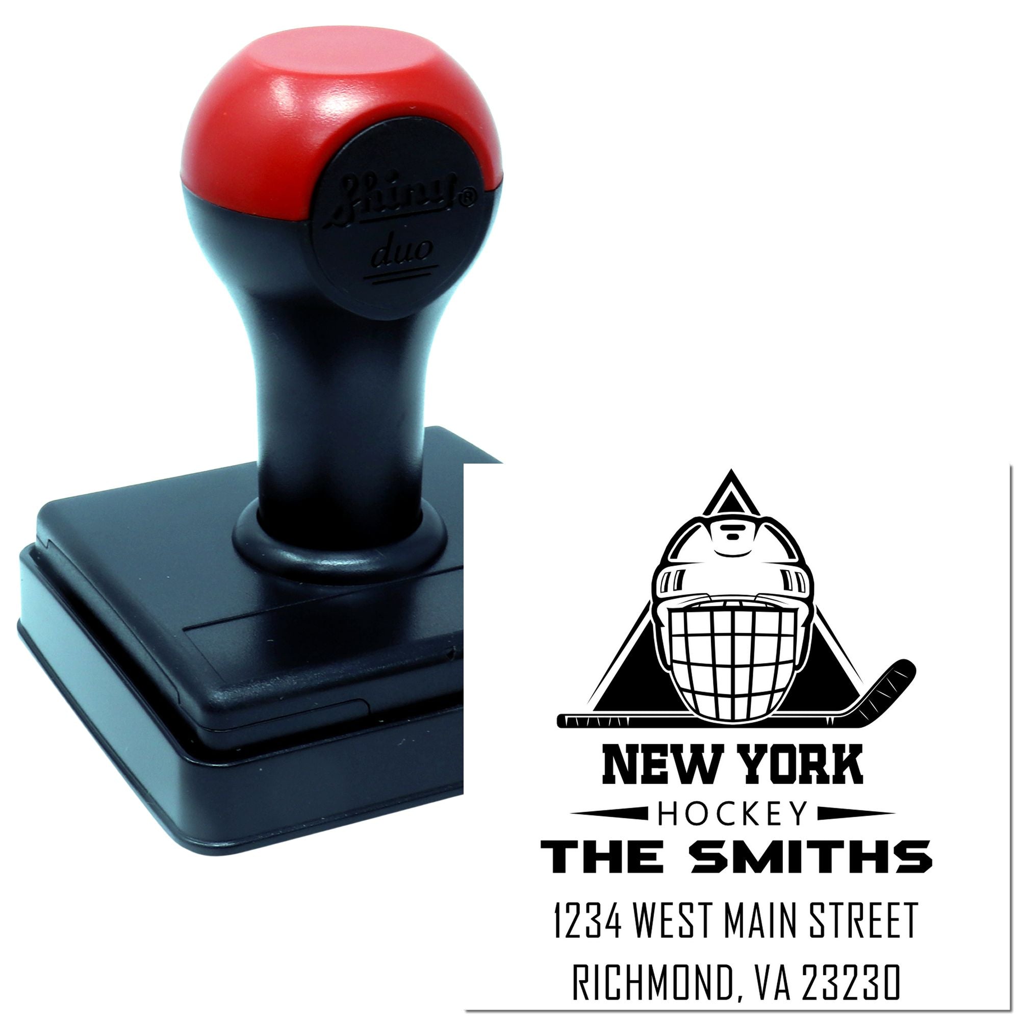 Custom self-inking hockey address rubber stamp with team logo, family name, and mailing address for New York Hockey The Smiths.