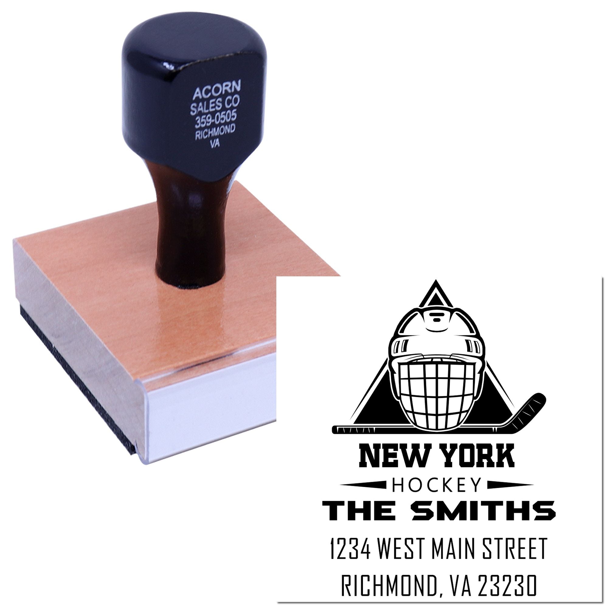 Custom rubber stamp for New York Hockey The Smiths, featuring logo, name, and address for branded mailing and business use.