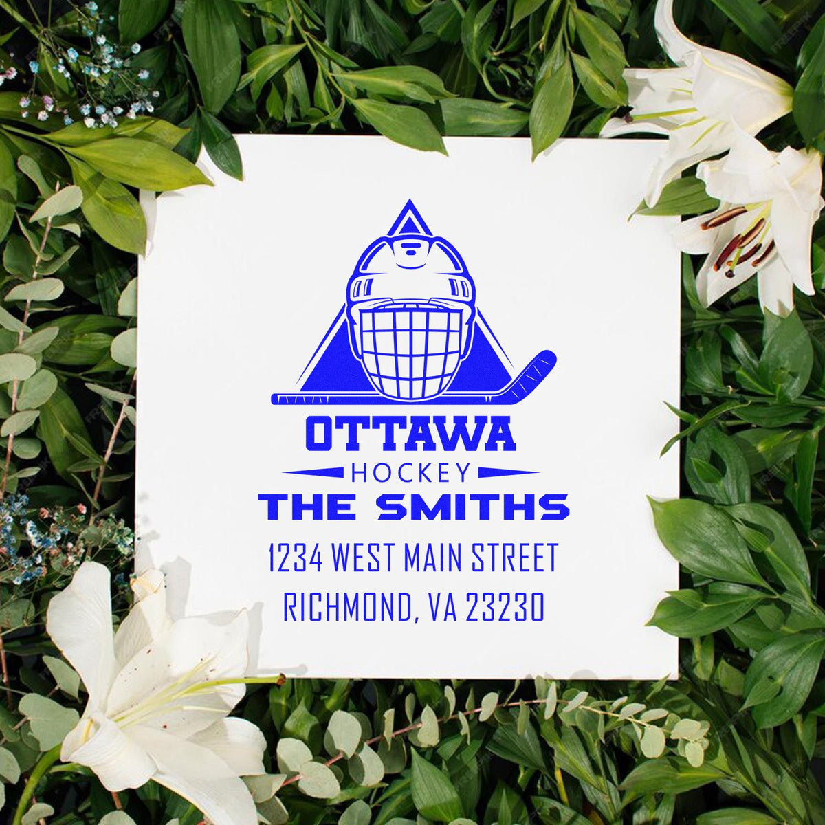 Custom hockey return address rubber stamp with goalie helmet, Ottawa Hockey, The Smiths, Richmond, VA 23230.