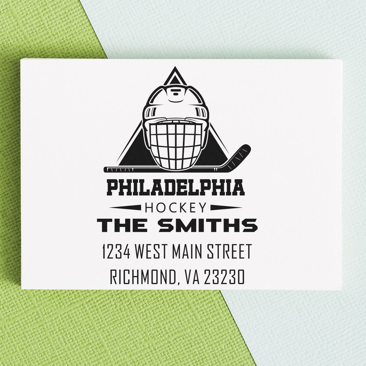 Custom rubber stamp for Philadelphia hockey fans, The Smiths return address stamp with name and Richmond, VA address.