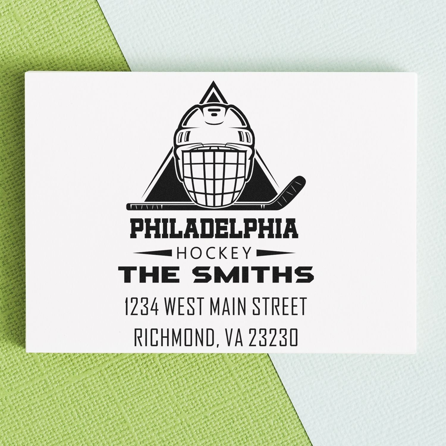 Custom hockey address rubber stamp featuring Philadelphia Hockey, The Smiths, and a return address for personalized mail.