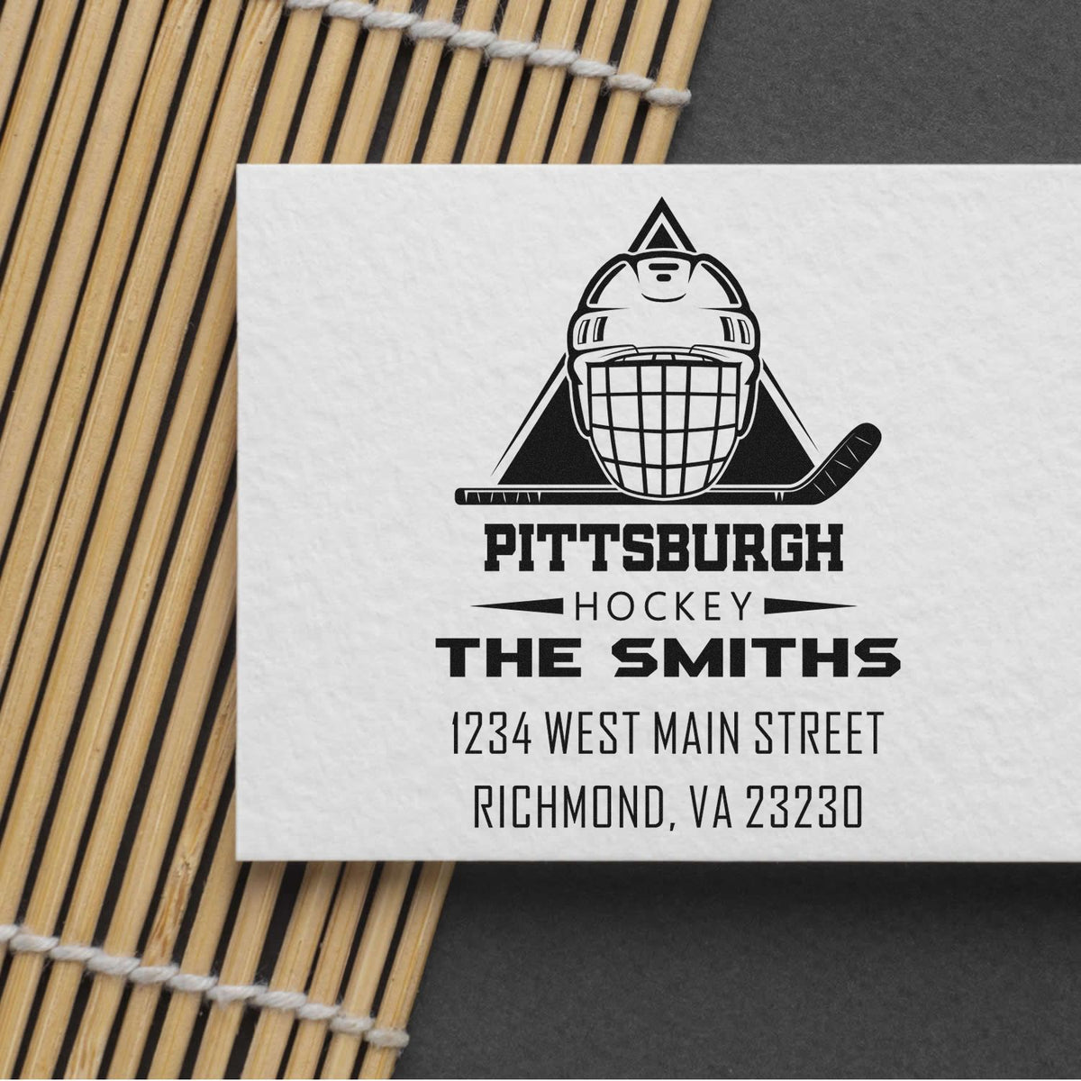 Custom Pittsburgh hockey return address rubber stamp with family name and Richmond, VA mailing address.