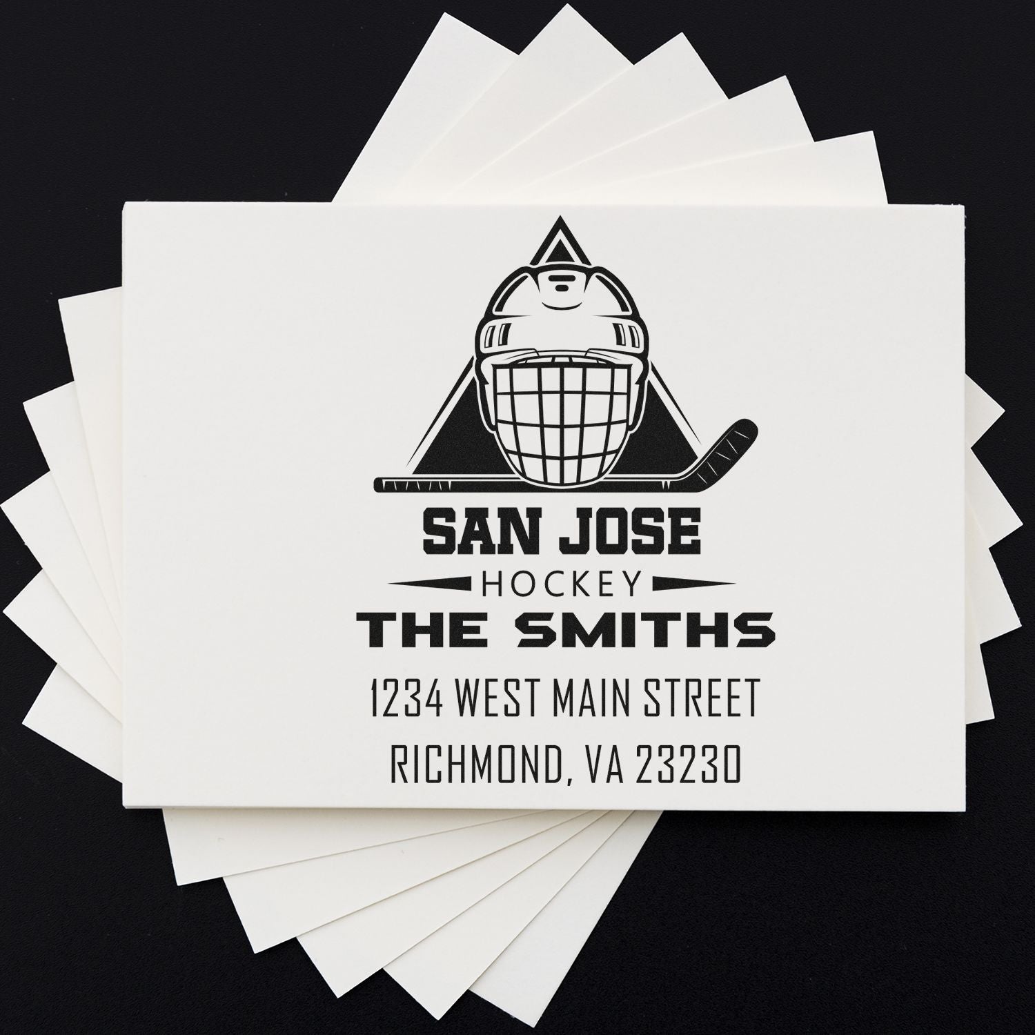 Custom hockey return address rubber stamp for The Smiths, featuring San Jose design and Richmond, VA address.
