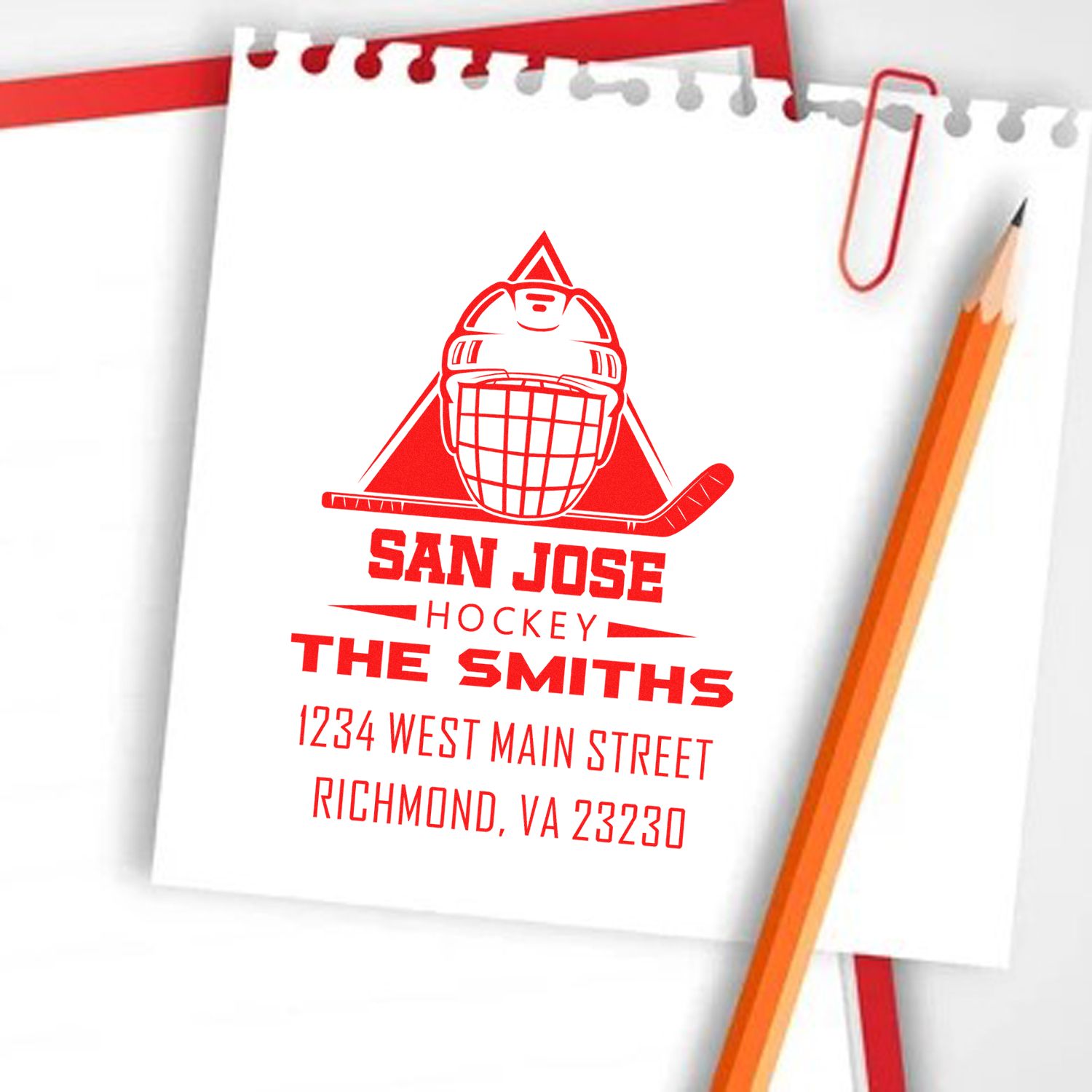 Custom San Jose Hockey rubber stamp with The Smiths name, address, and logo for personalized stationery.